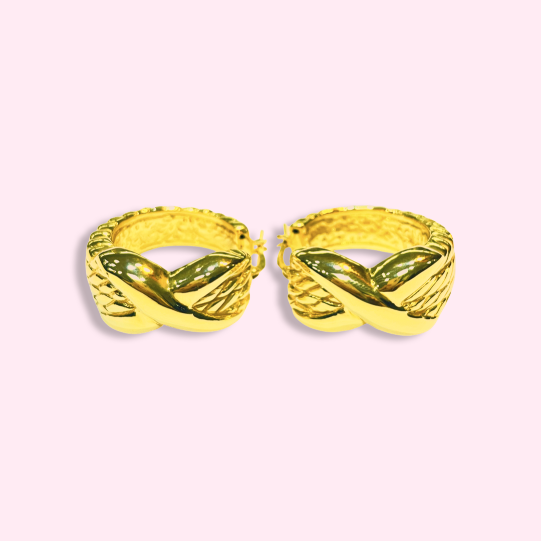 Puffy 10K Yellow Gold Vintage X Design 1" 14mm Hoop Earrings