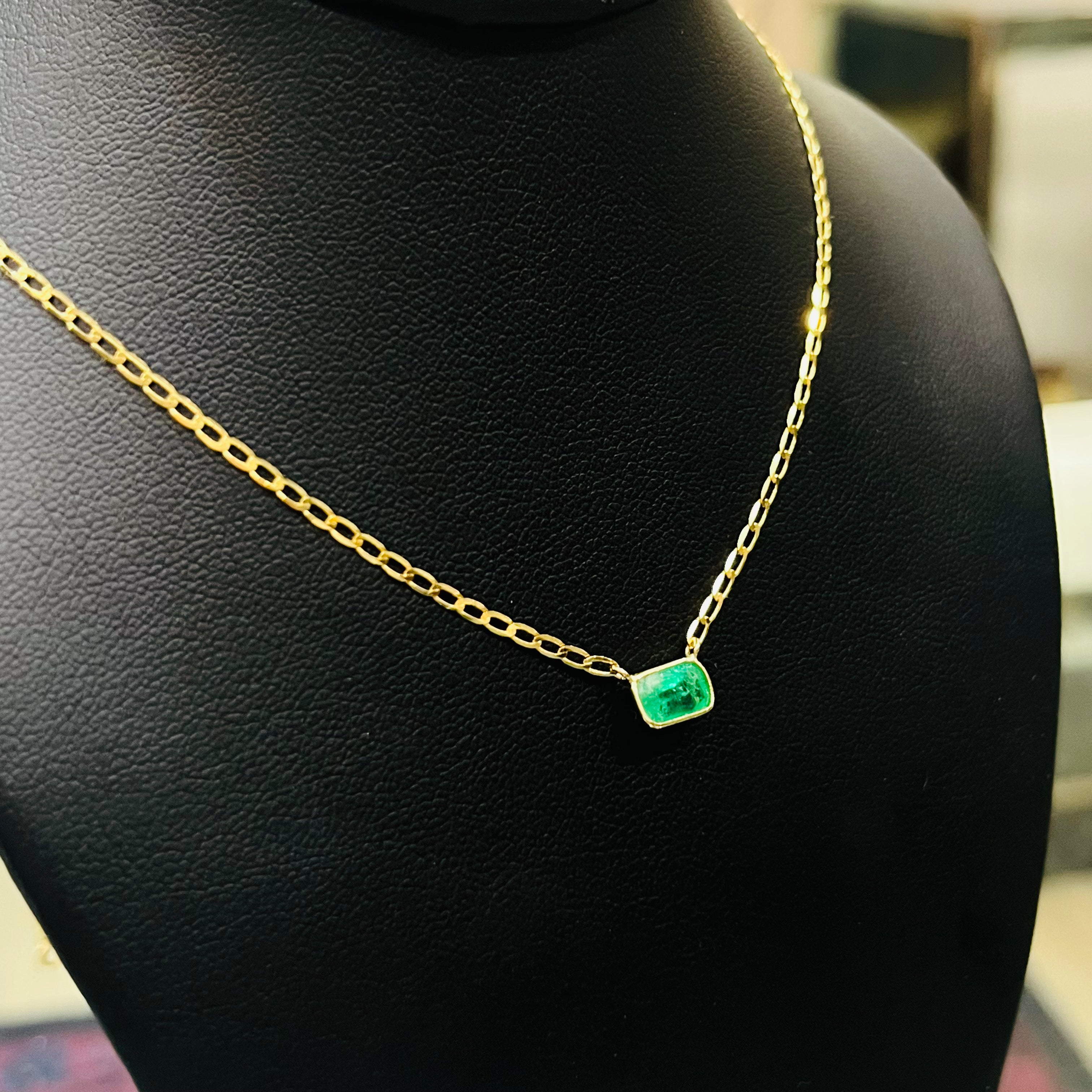 14K Yellow Gold Solitaire Rectangular Natural Emerald Necklace, 18"