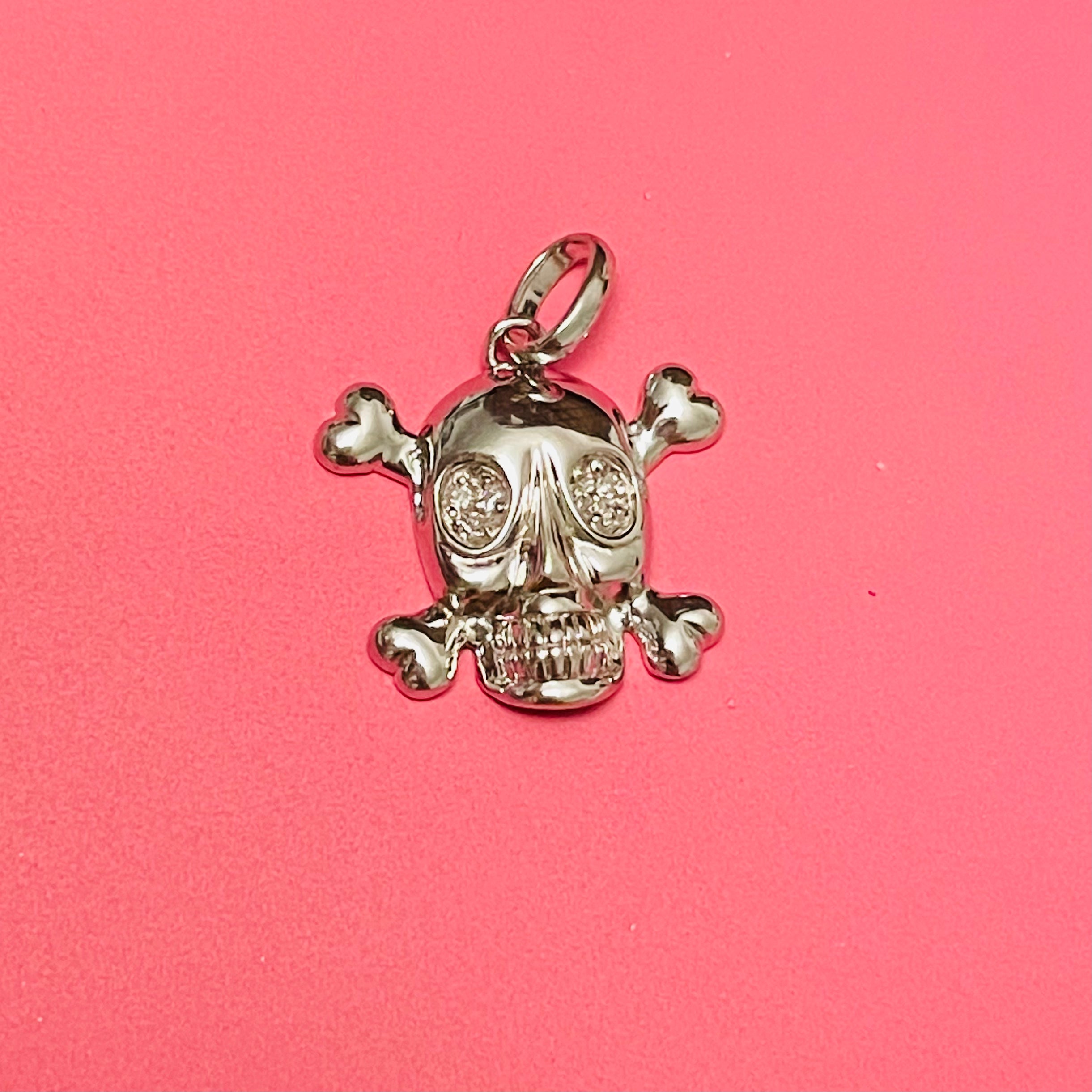 14K White Gold and Diamond Skull and Crossbones Charm Pendant
