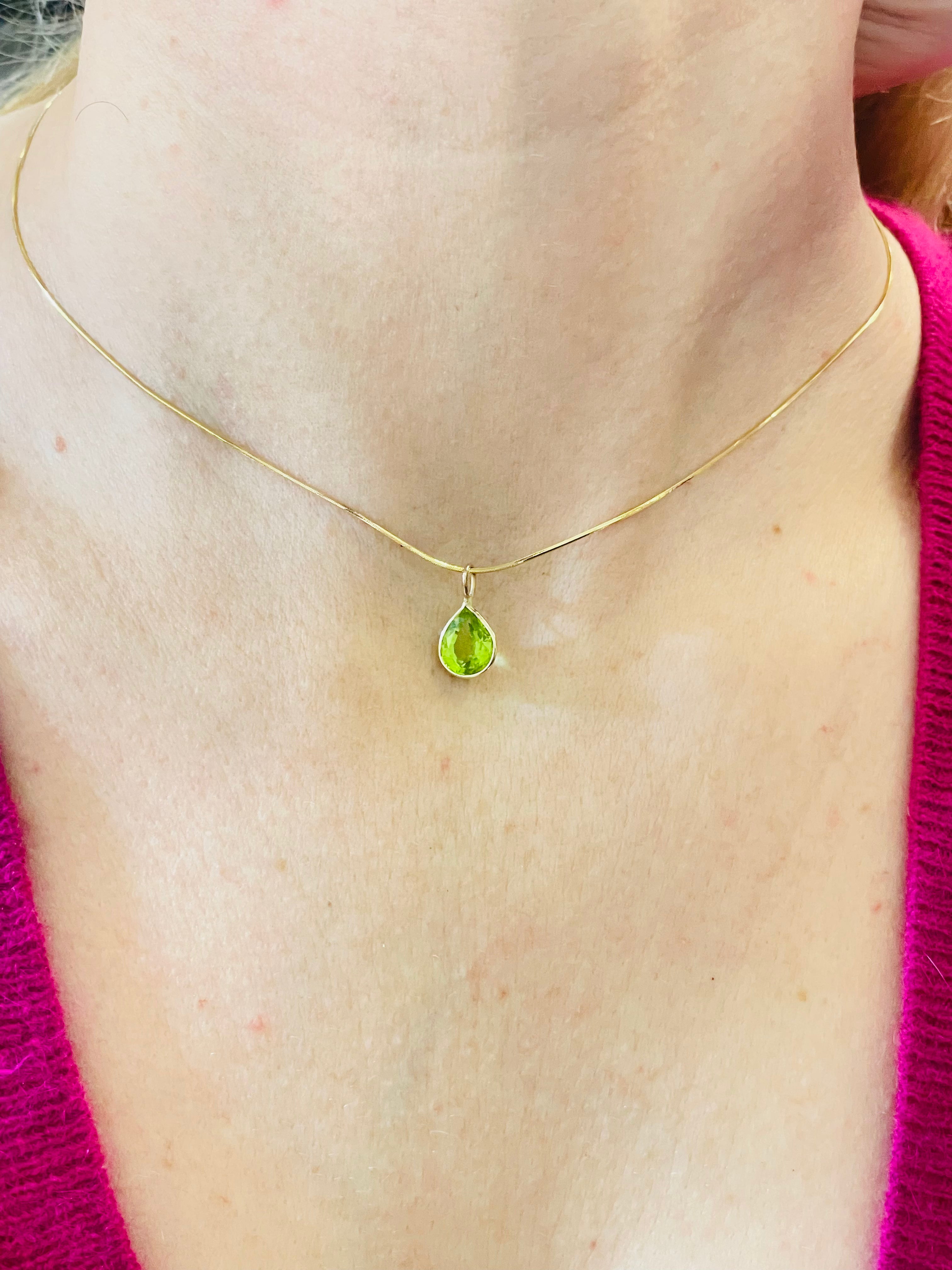 Vivid Green Peridot Chubby Pear 14K Yellow Gold Gem Charm Pendant