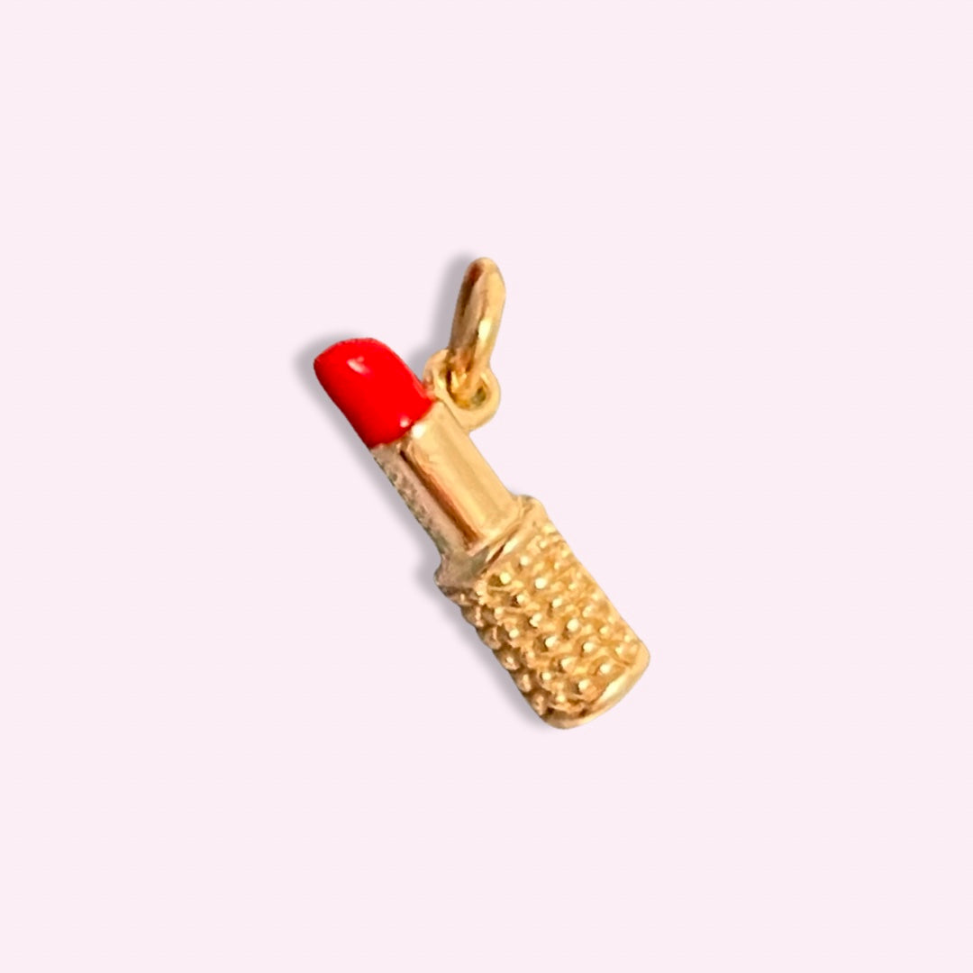 Mini Solid 14K Yellow Gold Red Enamel Lipstick Charm Pendant