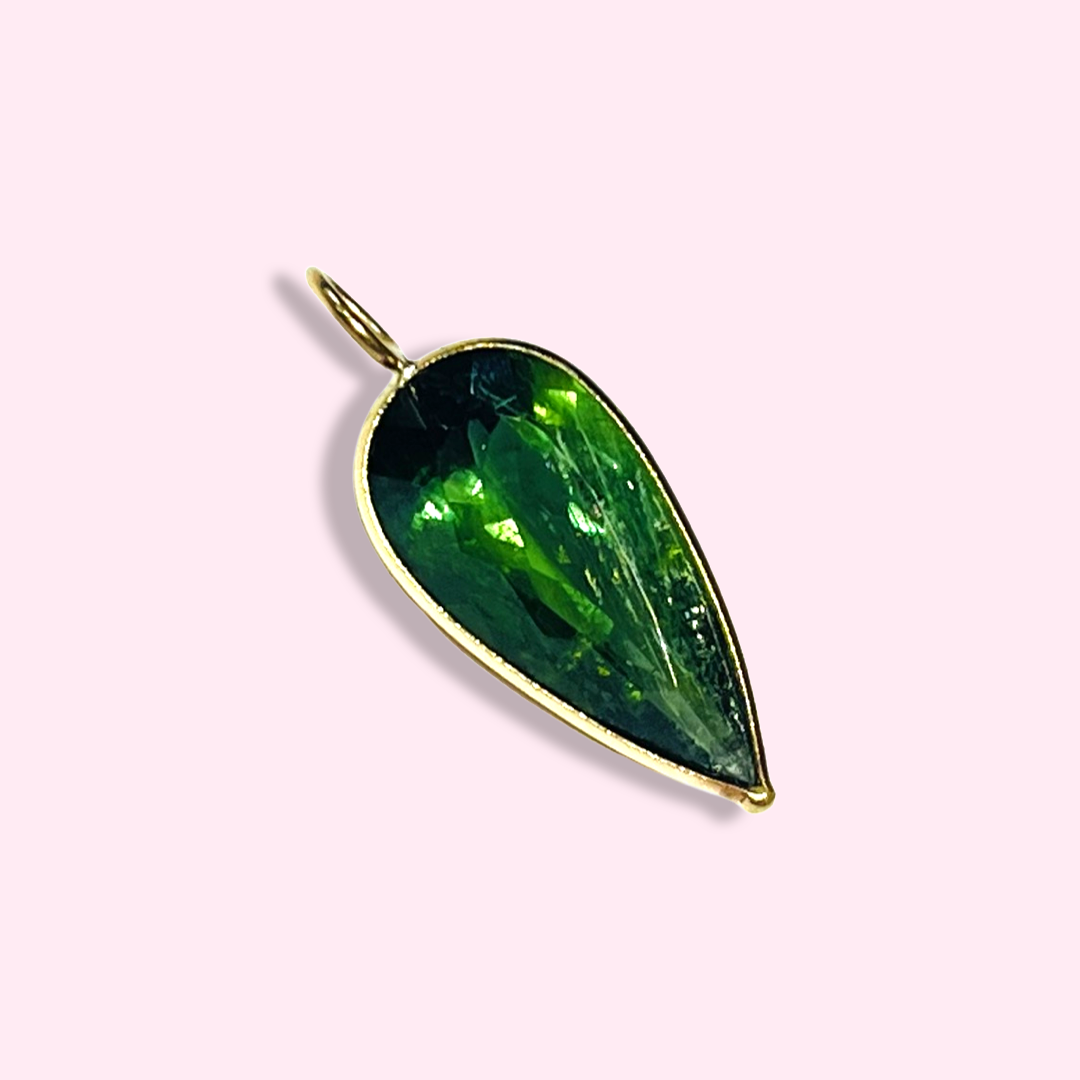 Deep Green Pear Cut Tourmaline 14K Yellow Gold Pendant Charm 22x9mm