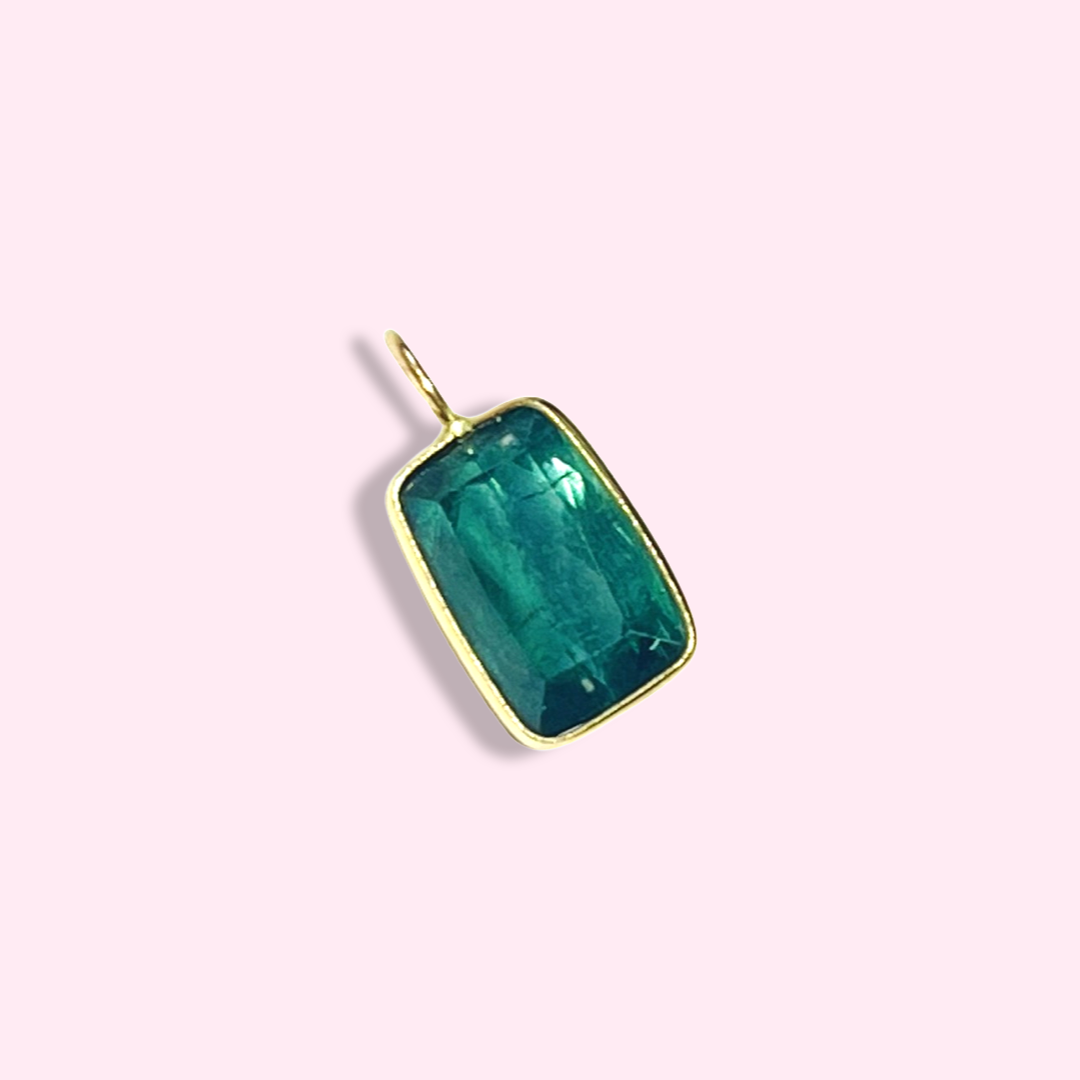 Blue Aqua Rectangular Tourmaline 14K Yellow Gold Pendant Charm 16x8mm