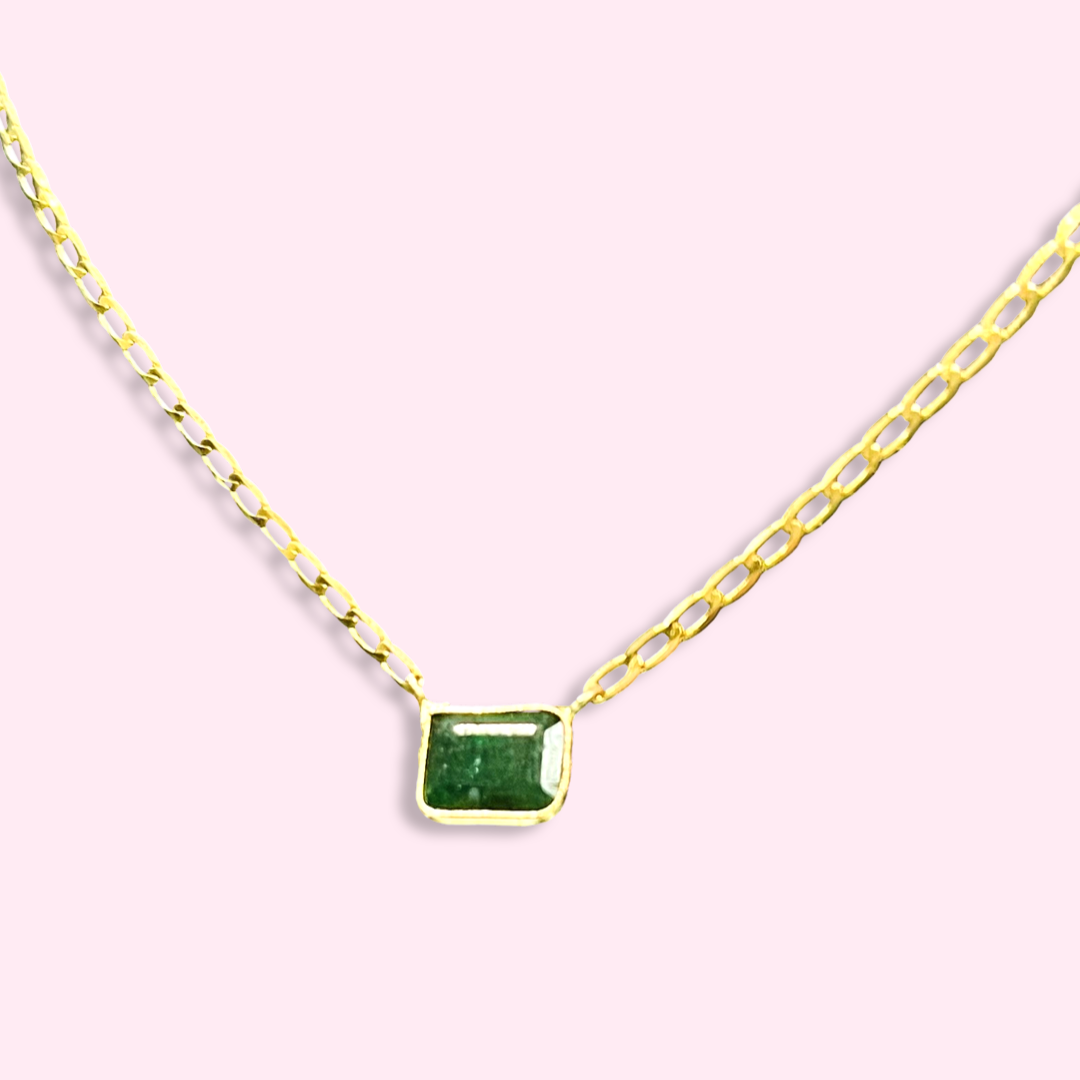 14K Yellow Gold Solitaire Natural Rectangular Emerald Necklace, 16"