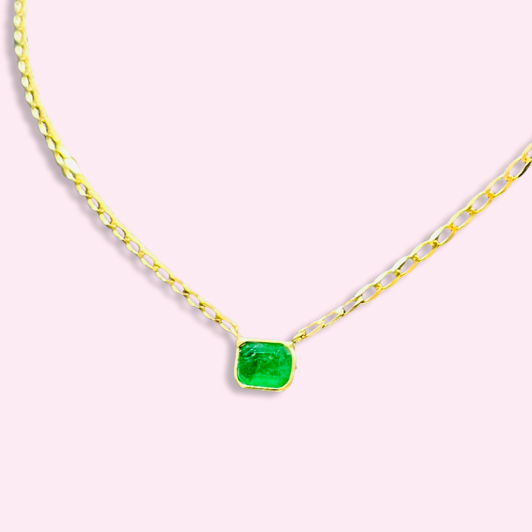 14K Yellow Gold Solitaire Natural Rectangular Emerald Necklace, 16"