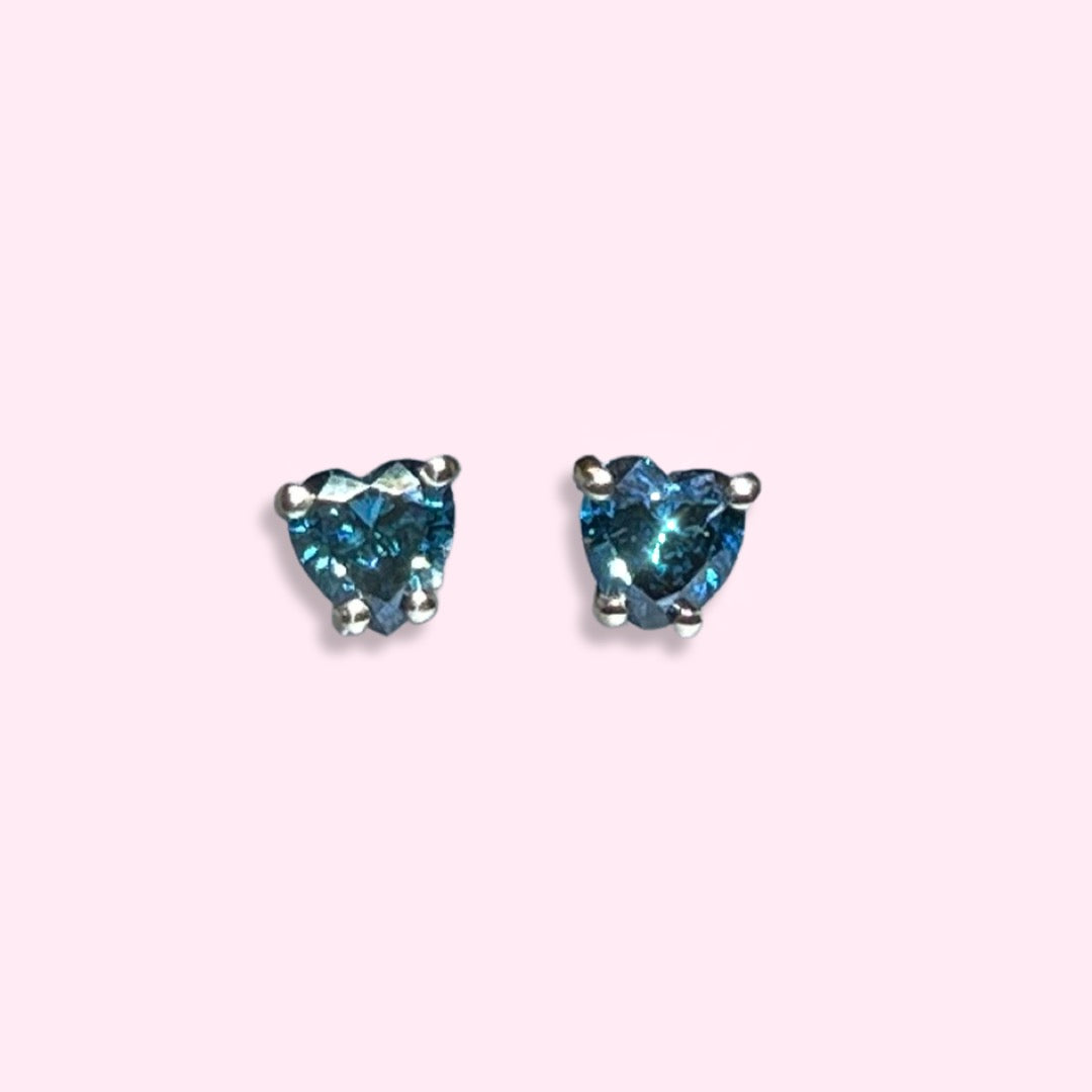 14K Yellow Gold Blue Diamond Heart Earring Studs