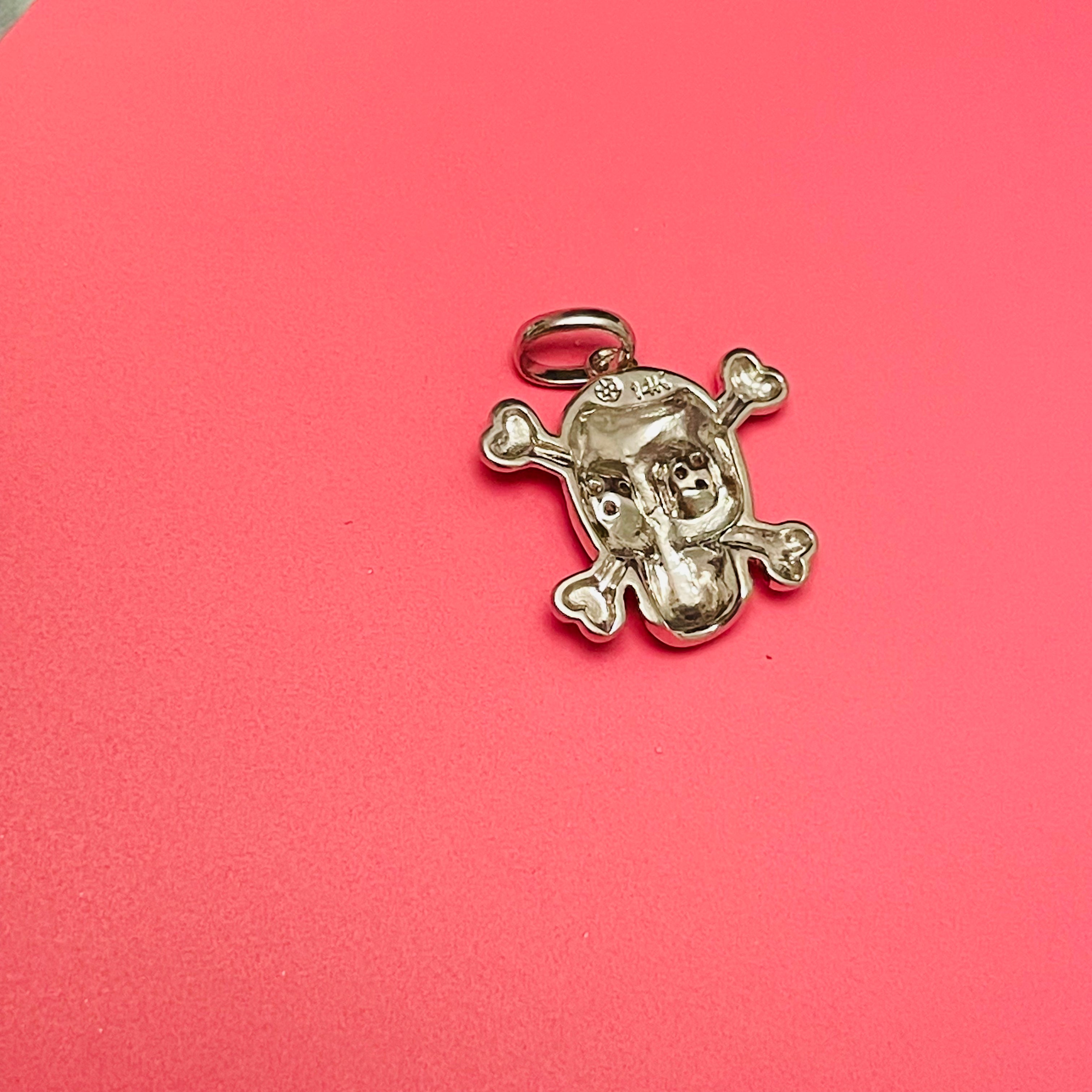 14K White Gold and Diamond Skull and Crossbones Charm Pendant
