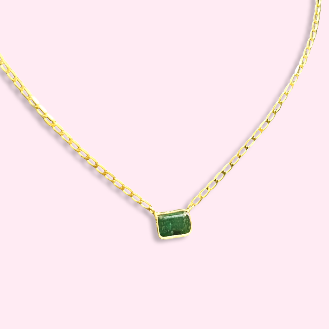 14K Yellow Gold Solitaire Natural Rectangular Emerald Necklace, 16"