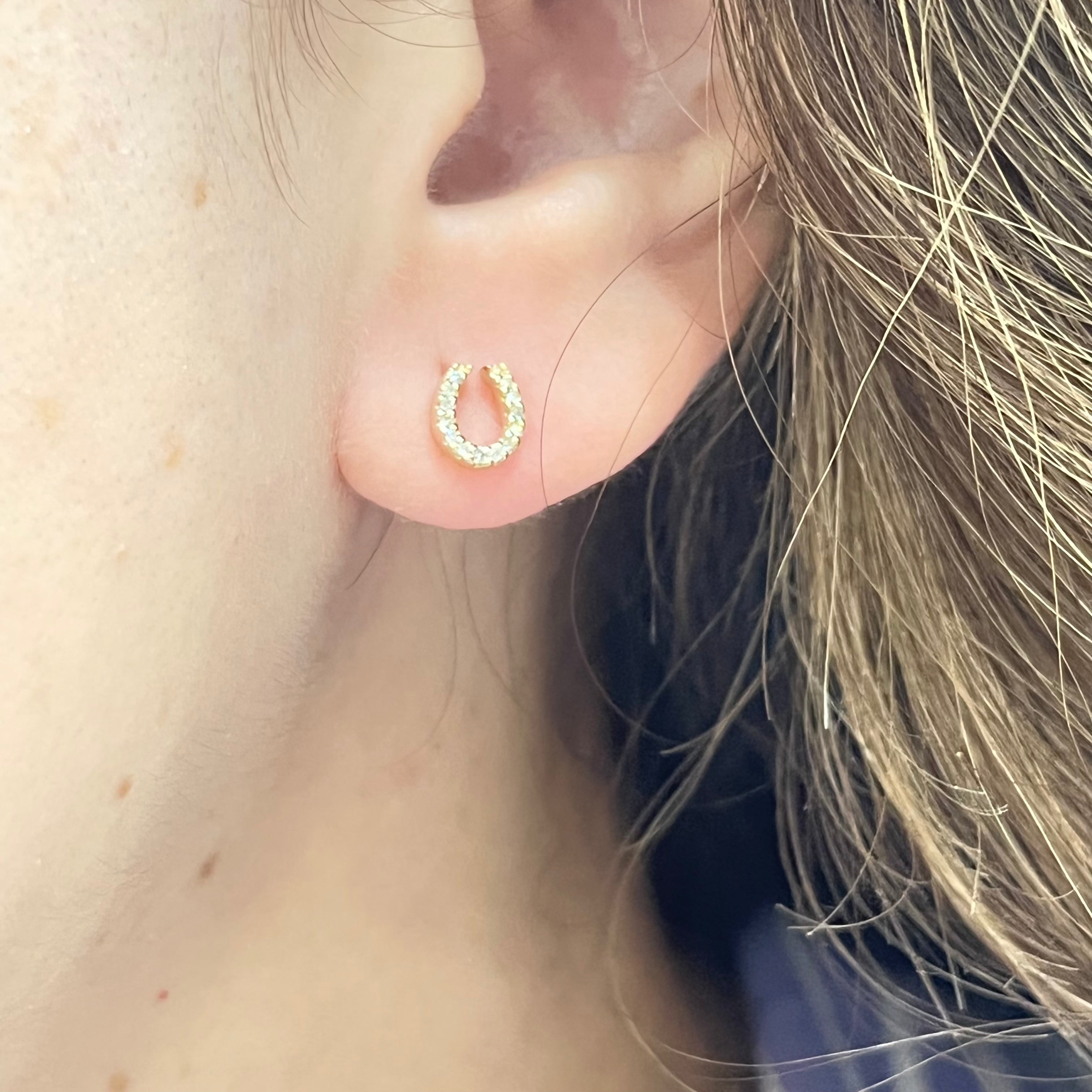 Horse Shoe Pave Diamond Stud Earrings 14K Yellow Gold