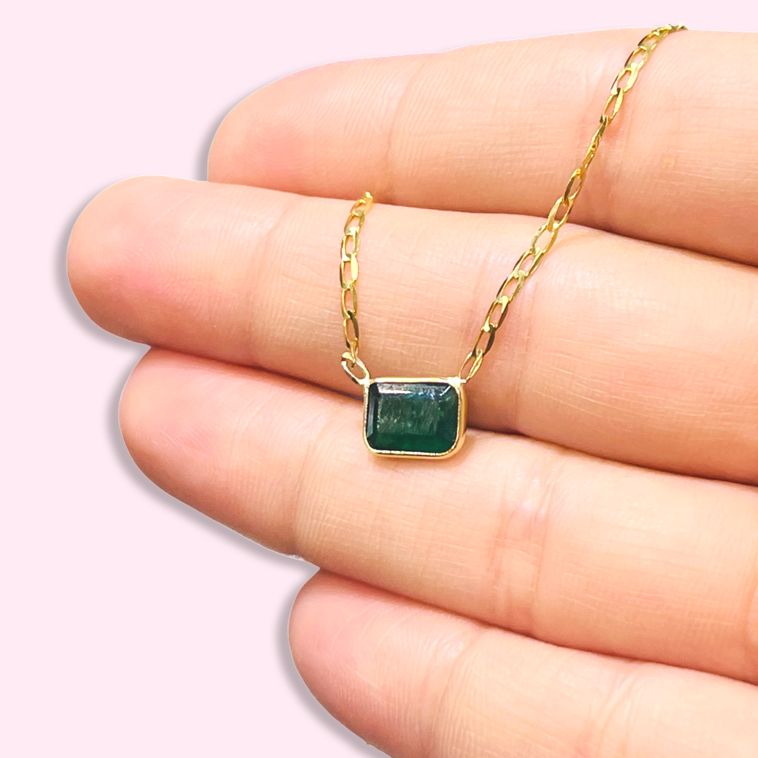 14K Yellow Gold Solitaire Natural Rectangular Emerald Necklace, 16"