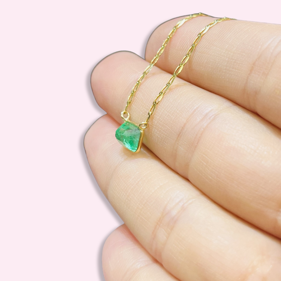 14K Yellow Gold Solitaire Natural Square Emerald Necklace, 16"