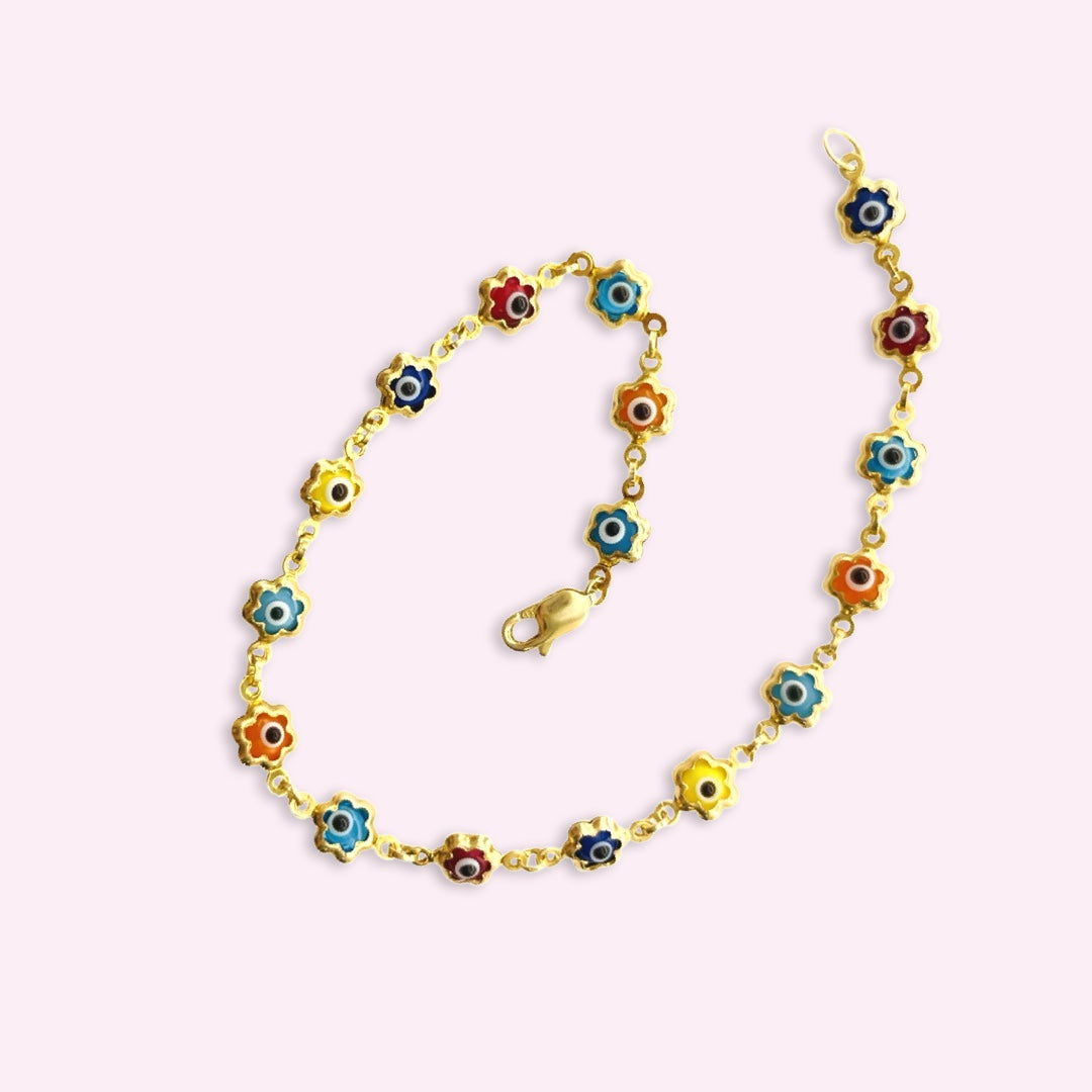 14K Yellow Gold Multi Color Evil Eye Flower Chain Bracelet
