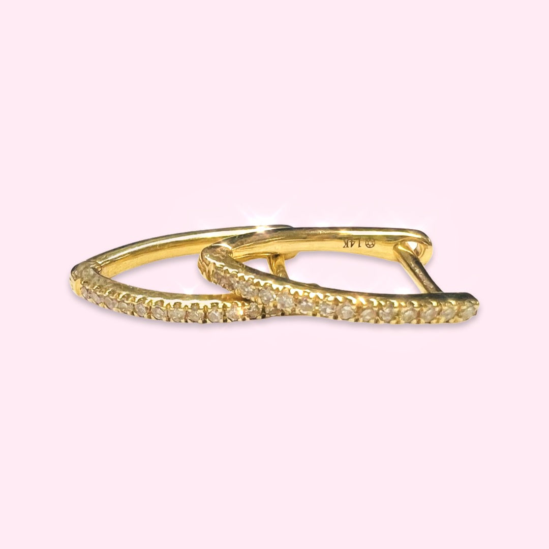 Solid 14K Yellow Gold Diamond V Shape Huggie Hoops .47"