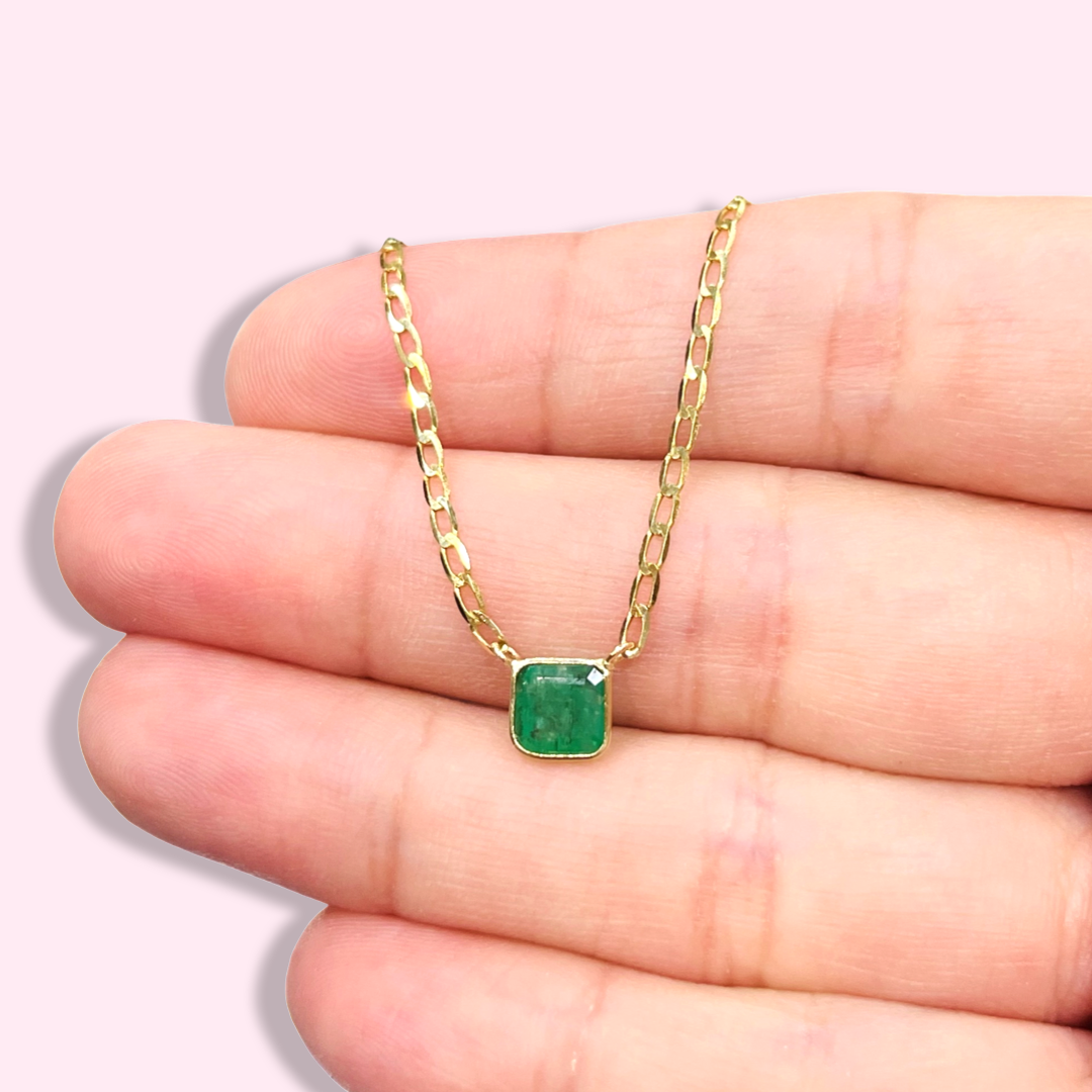 14K Yellow Gold Solitaire Square Natural Emerald Necklace, 18"