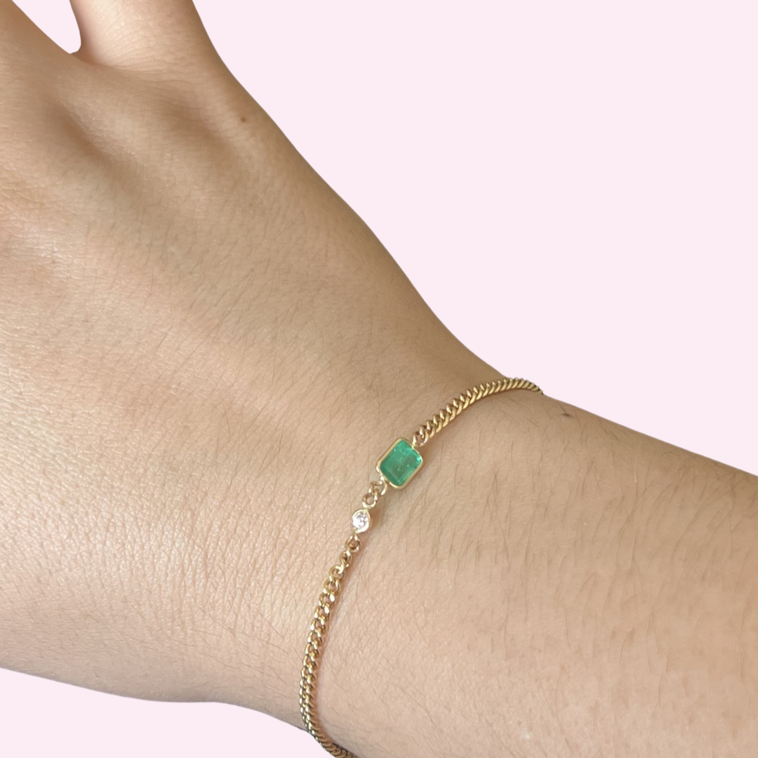 14K Emerald And Diamond Bracelet in Solid Yellow Gold 6"