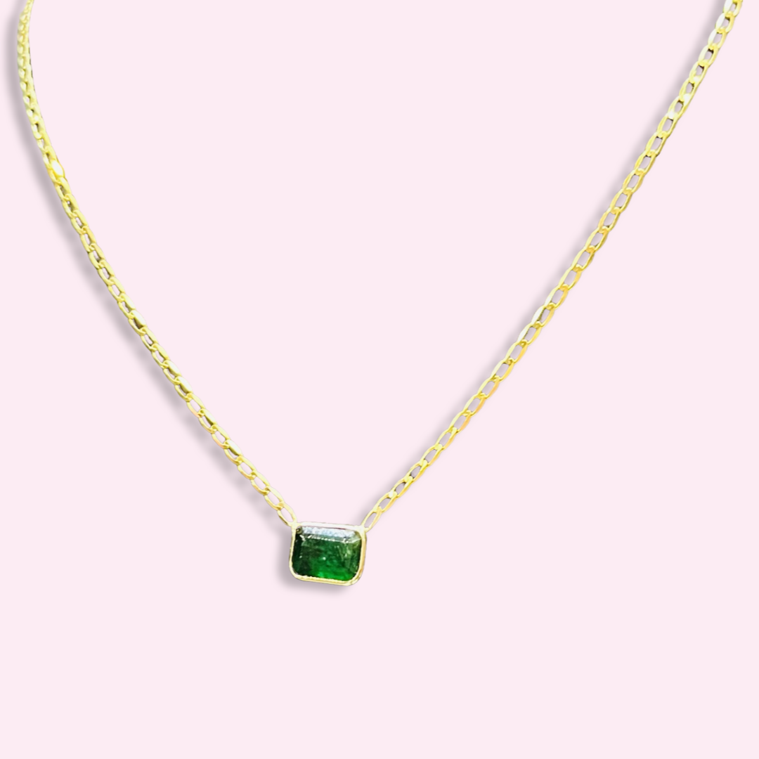 14K Yellow Gold Solitaire Natural Rectangular Emerald Necklace, 16"