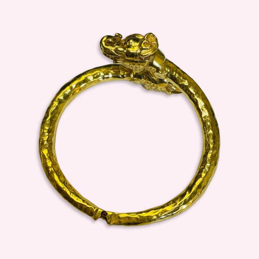 14K Yellow Gold Double Headed Elephant Bangle Wrap Bracelet