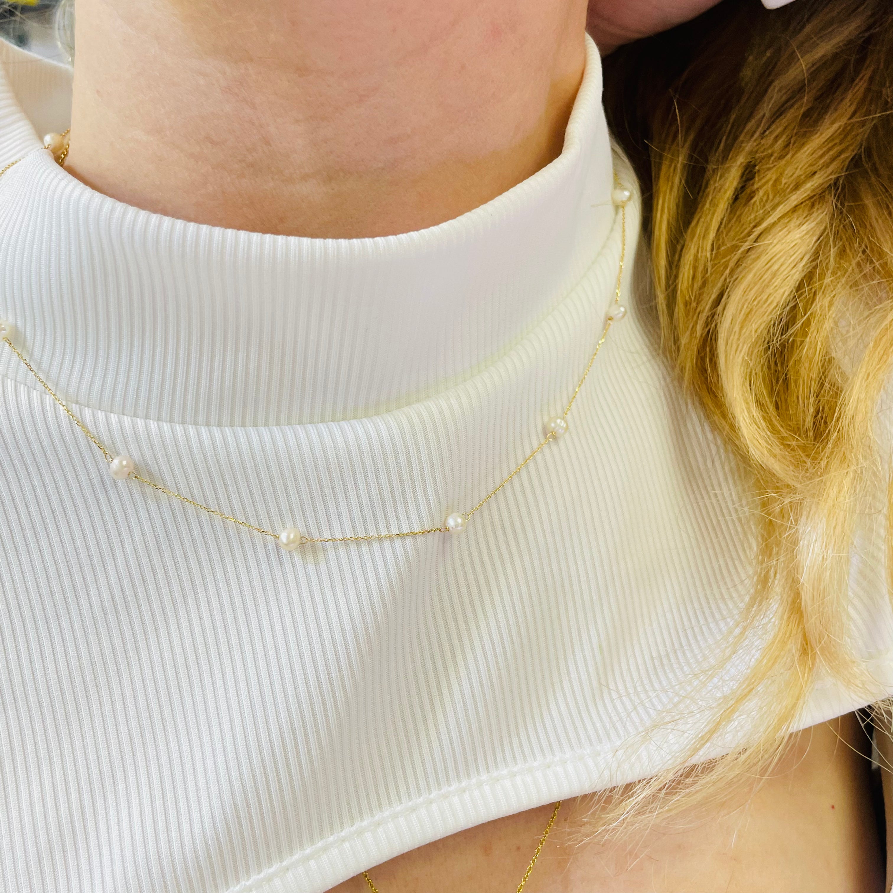 Fresh Water Pearl 14K Yellow 16” Station Necklace