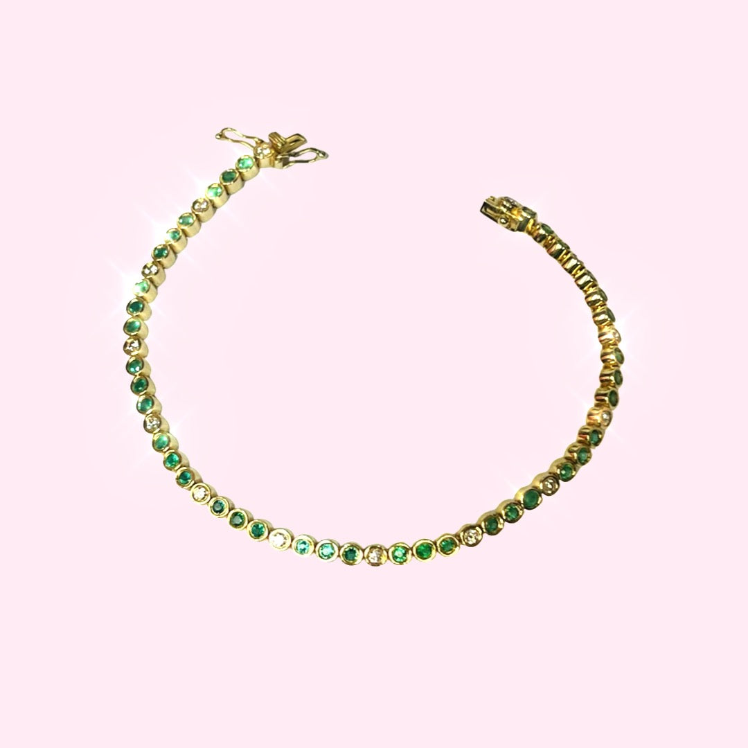 Stunning 14K Yellow Gold Emerald and Diamond Bezel Set Tennis Bracelet, 6.75"