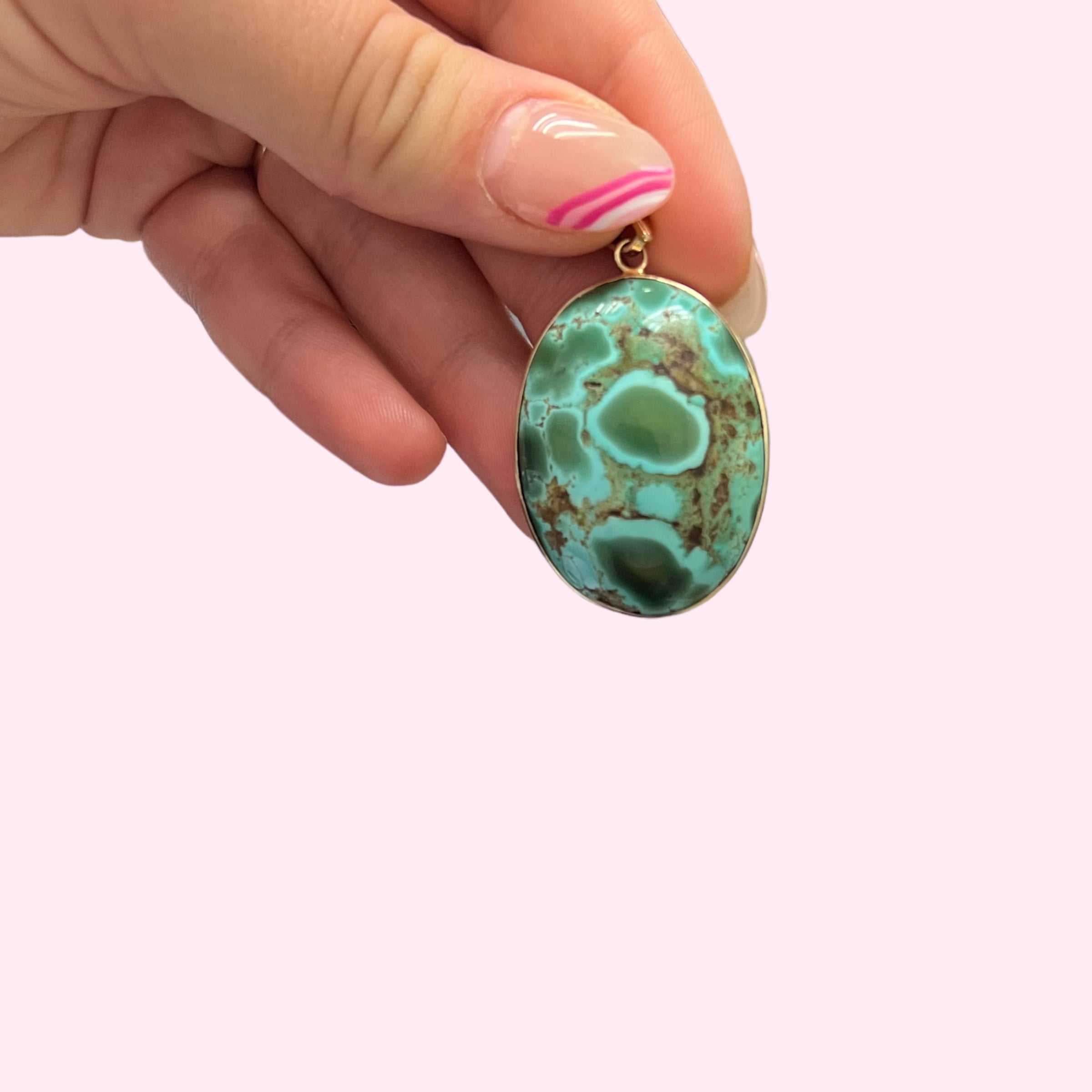 Large Natural Oval Turquoise 14K Pendant Pendant Charm 1.75 x 1.1"