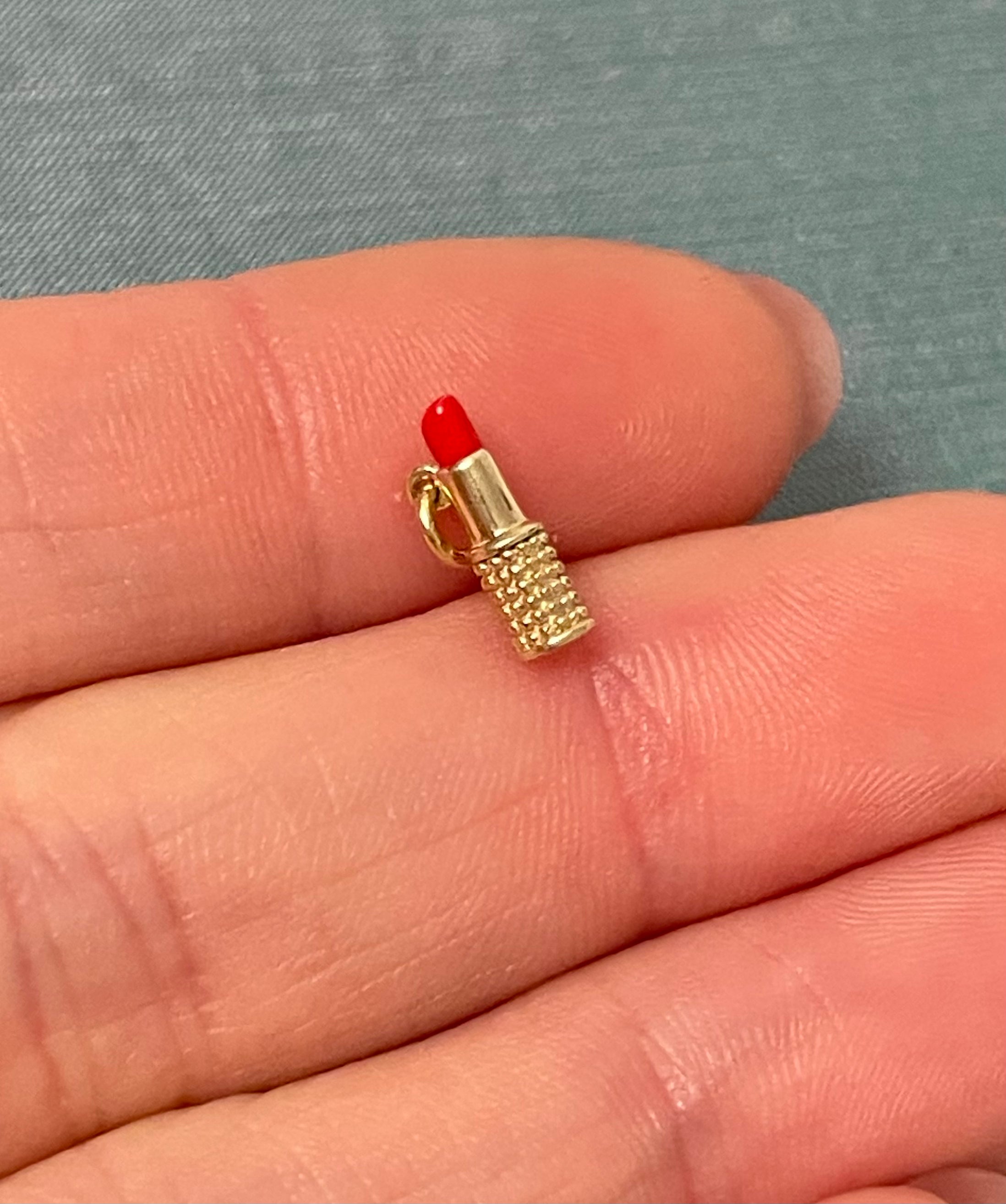 Mini Solid 14K Yellow Gold Red Enamel Lipstick Charm Pendant