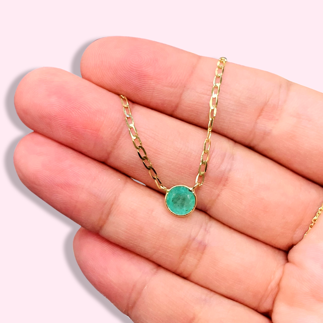 14K Yellow Gold Solitaire Round Natural Emerald Necklace, 18"
