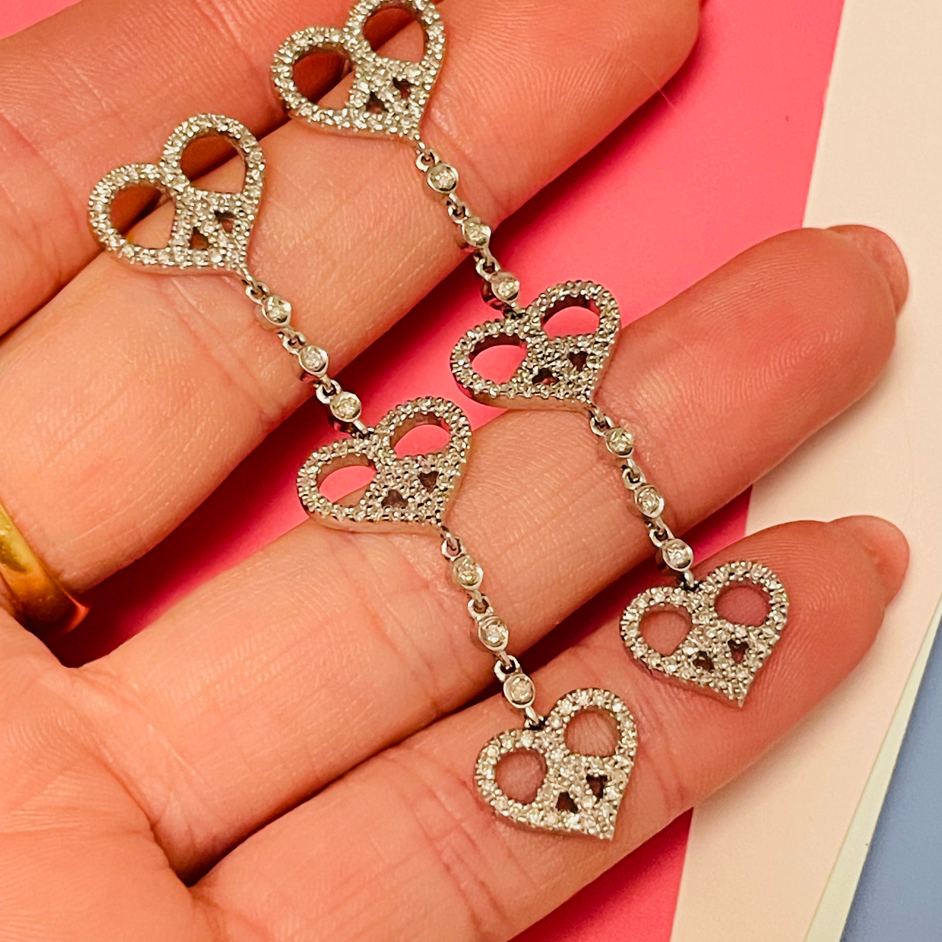 Natural Diamond 14K White Gold Long Peace Sign Heart Earrings