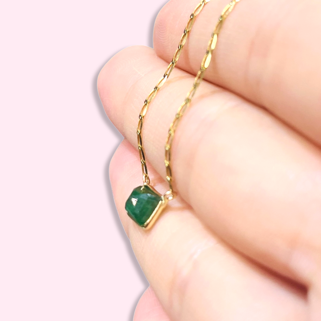 14K Yellow Gold Solitaire Natural Rectangular Emerald Necklace, 16"