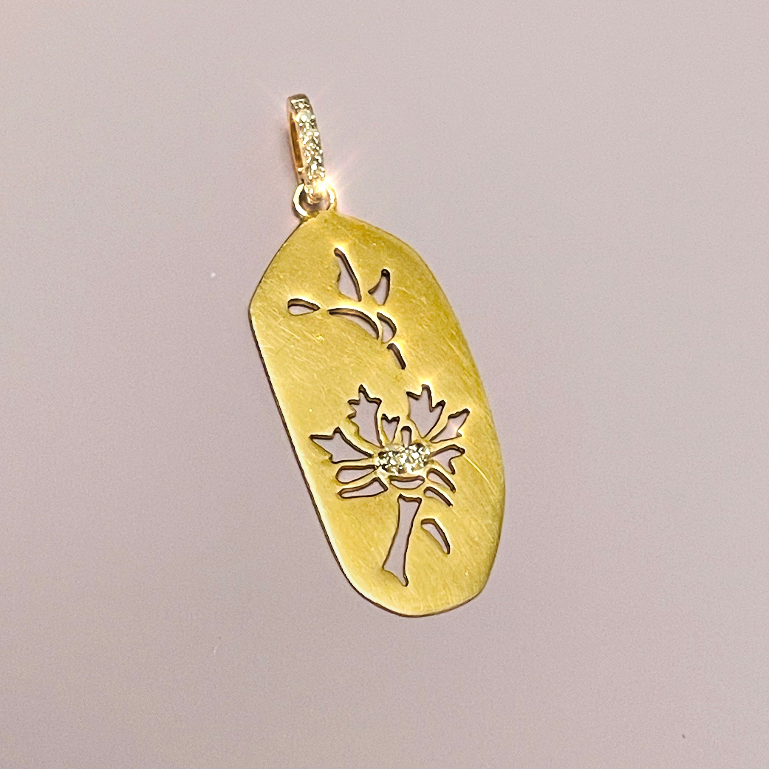 14K Yellow Gold Humming Bird and Flower Silhouette Diamond Pendant