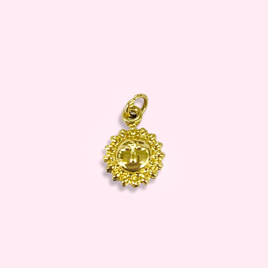 14K Yellow Gold Puffy Smiling Sun Charm Cute Pendant