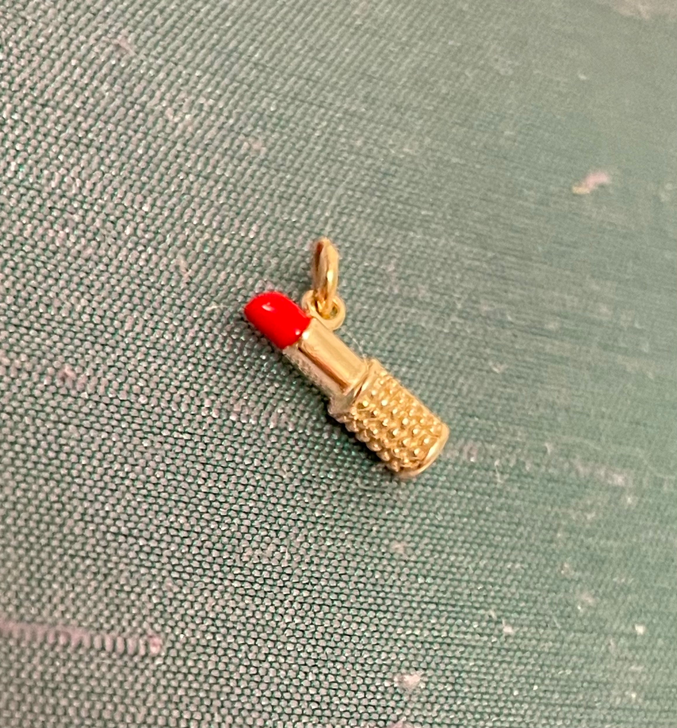 Mini Solid 14K Yellow Gold Red Enamel Lipstick Charm Pendant