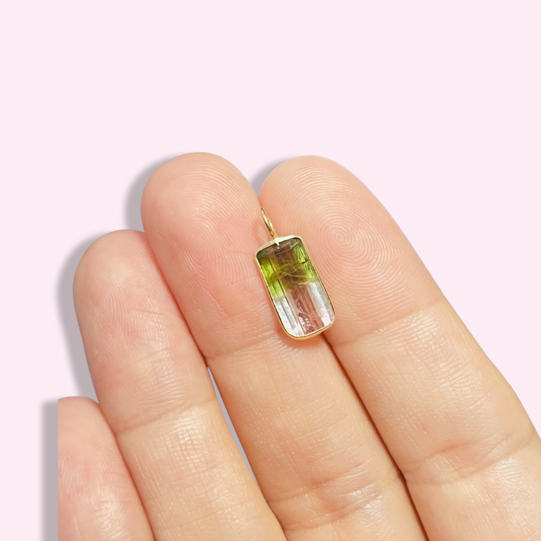 Emerald Cut Watermelon Tourmaline 14K Yellow Gold Pendant Charm 17x7m