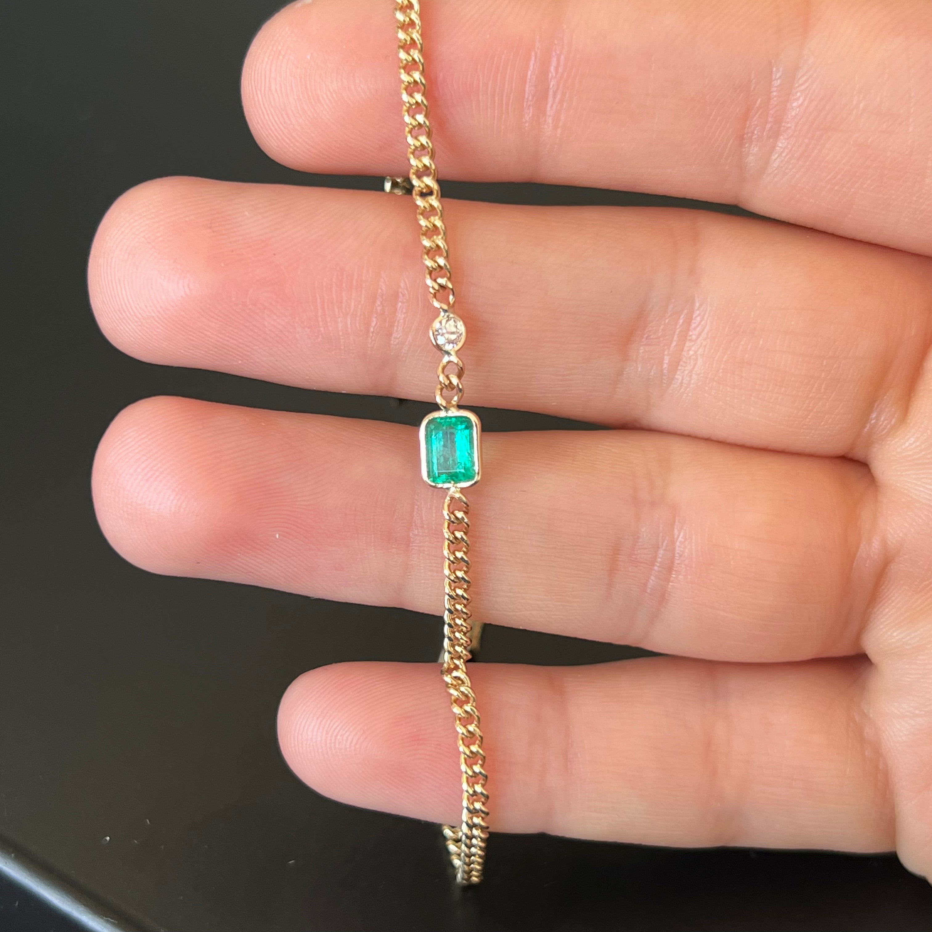 14K Emerald And Diamond Bracelet in Solid Yellow Gold 6"