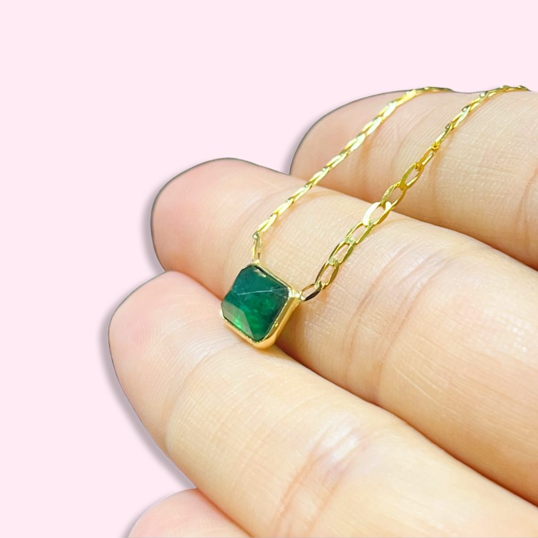 14K Yellow Gold Solitaire Natural Rectangular Emerald Necklace, 16"