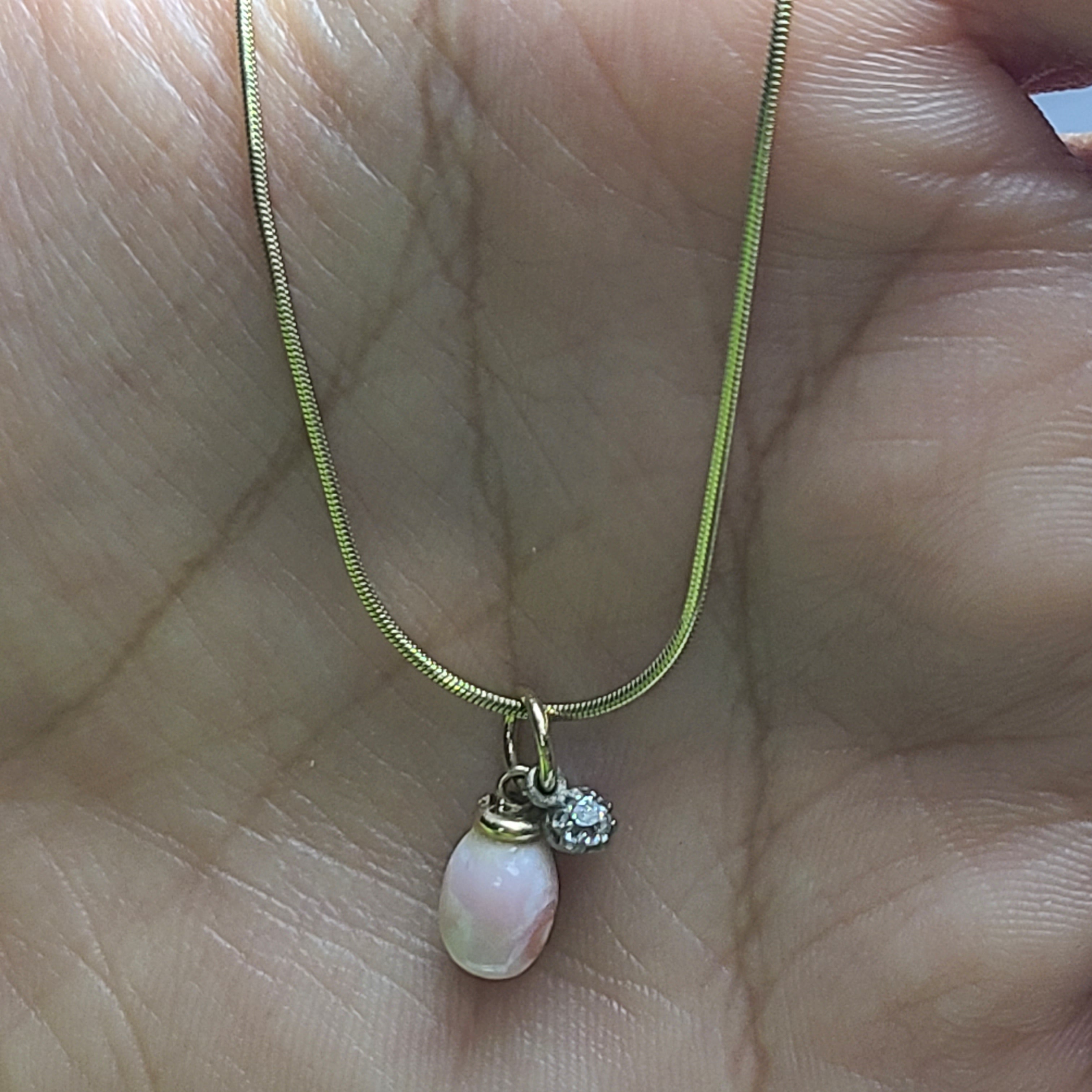 14K Yellow Gold Light Pink Swril Conch Pearl with Old Mine Cut Diamond Pendant Charm