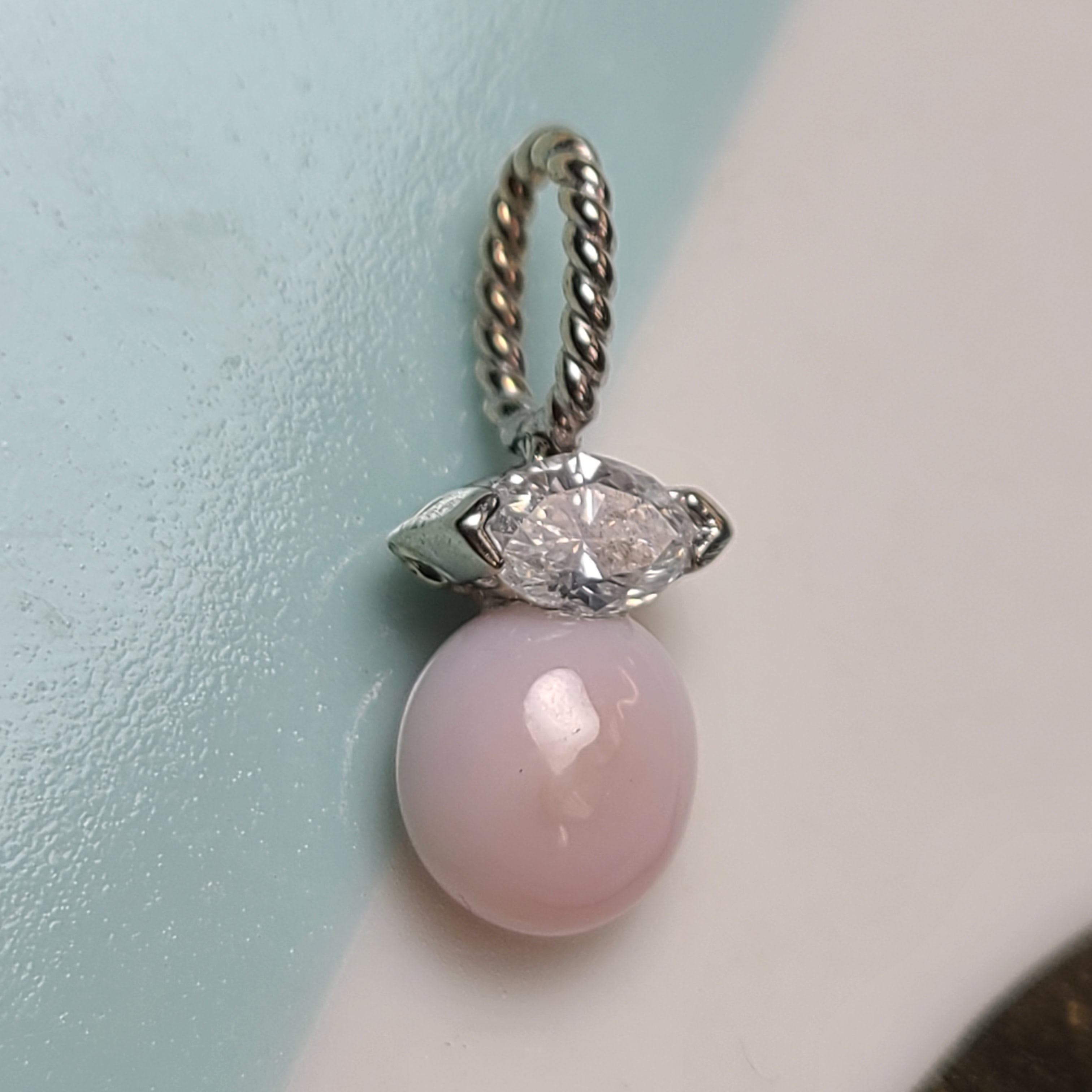 Beautiful Marquise Diamond in 18K White Gold Pink Conch Pearl Pendant Charm