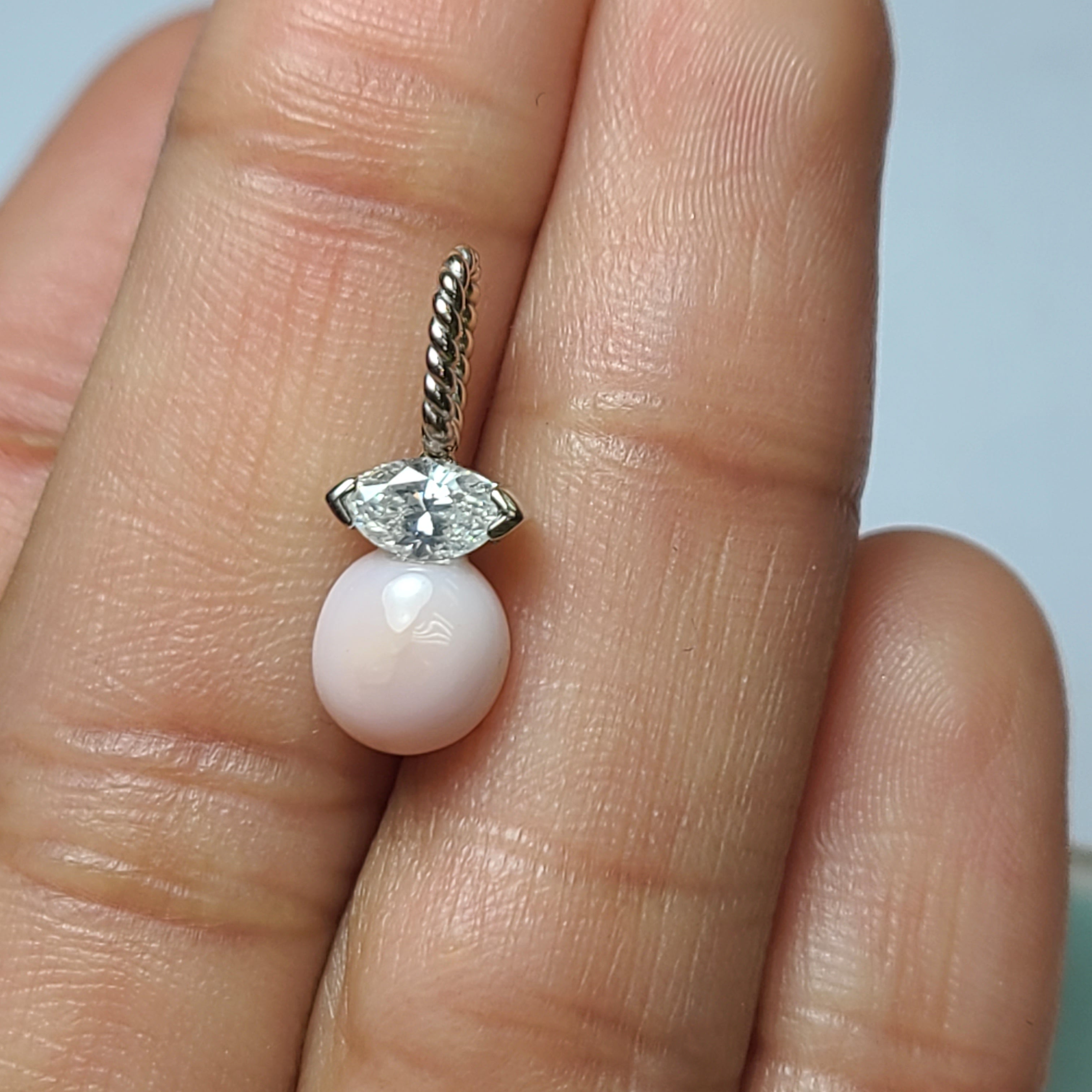Beautiful Marquise Diamond in 18K White Gold Pink Conch Pearl Pendant Charm