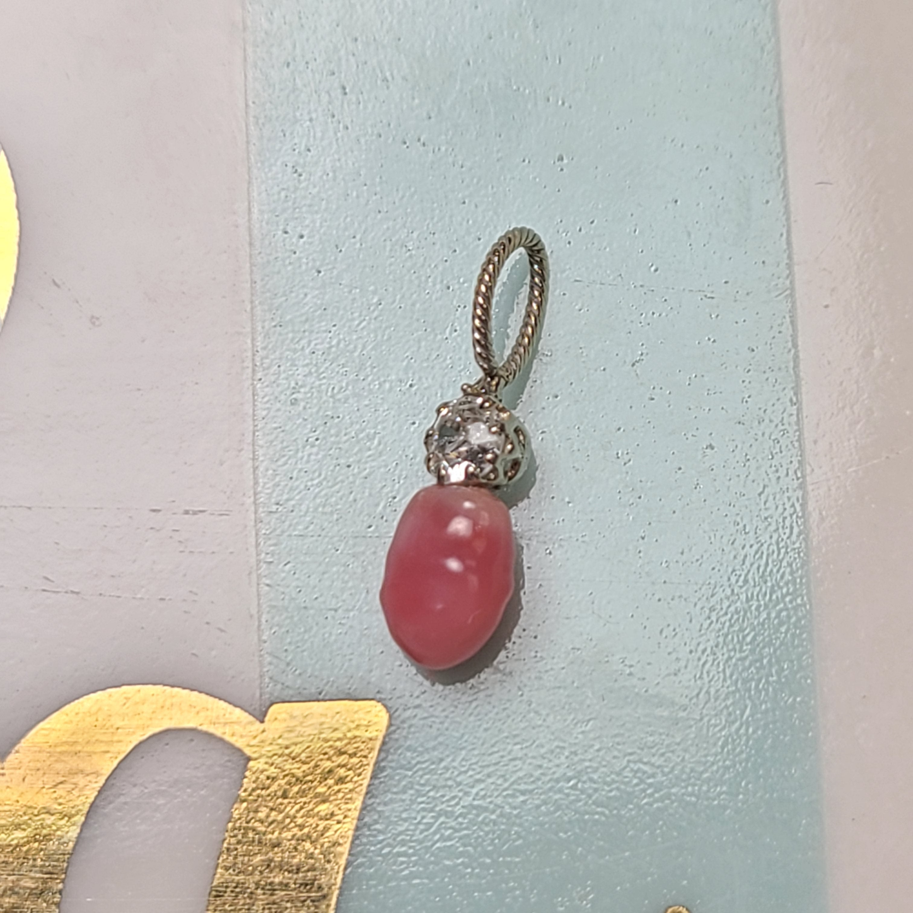 14K White Gold Pink Natural Conch Pearl with Old Mine Cut Diamond  Pendant Charm