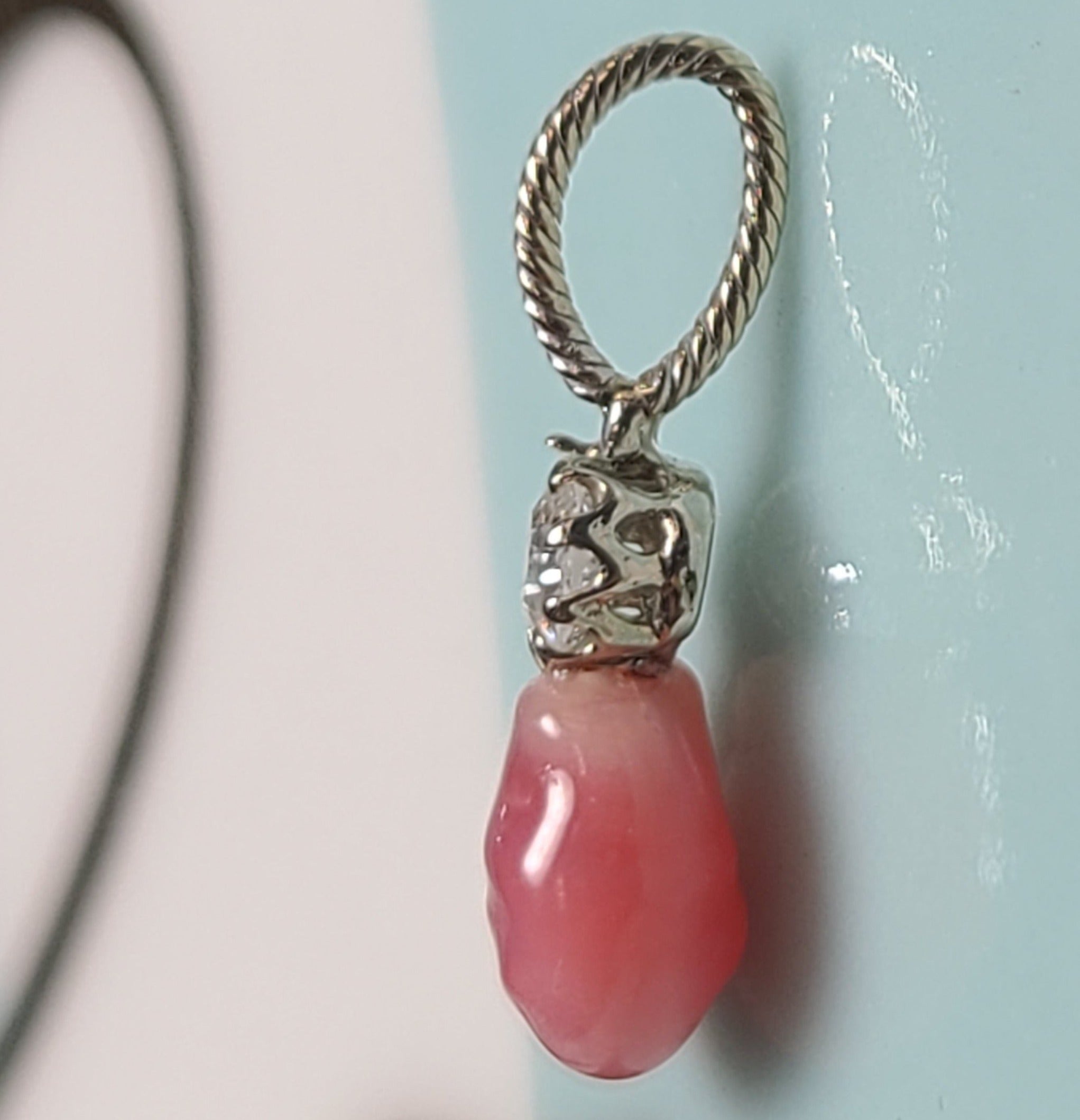 14K White Gold Pink Natural Conch Pearl with Old Mine Cut Diamond Pendant Charm