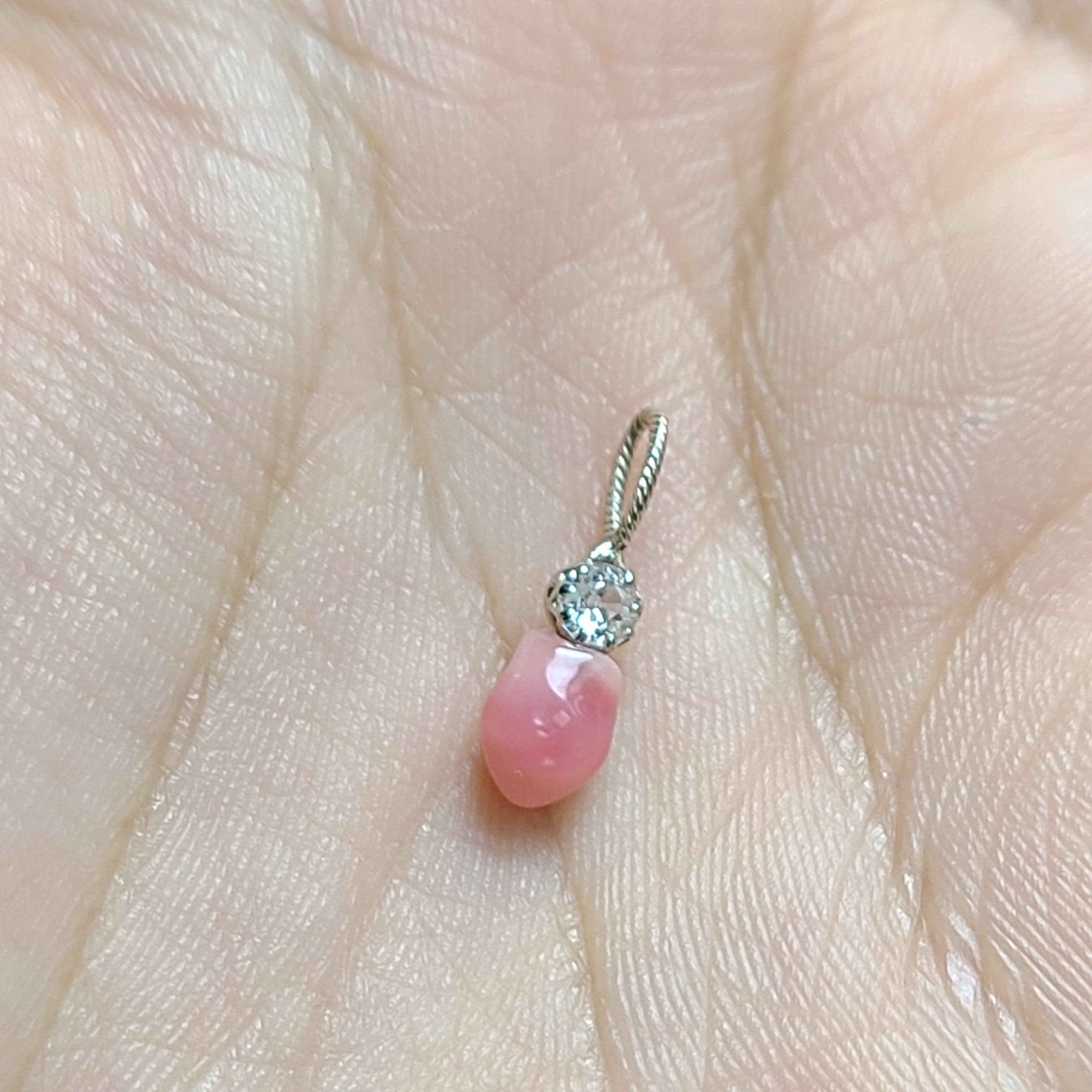14K White Gold Pink Natural Conch Pearl with Old Mine Cut Diamond Pendant Charm