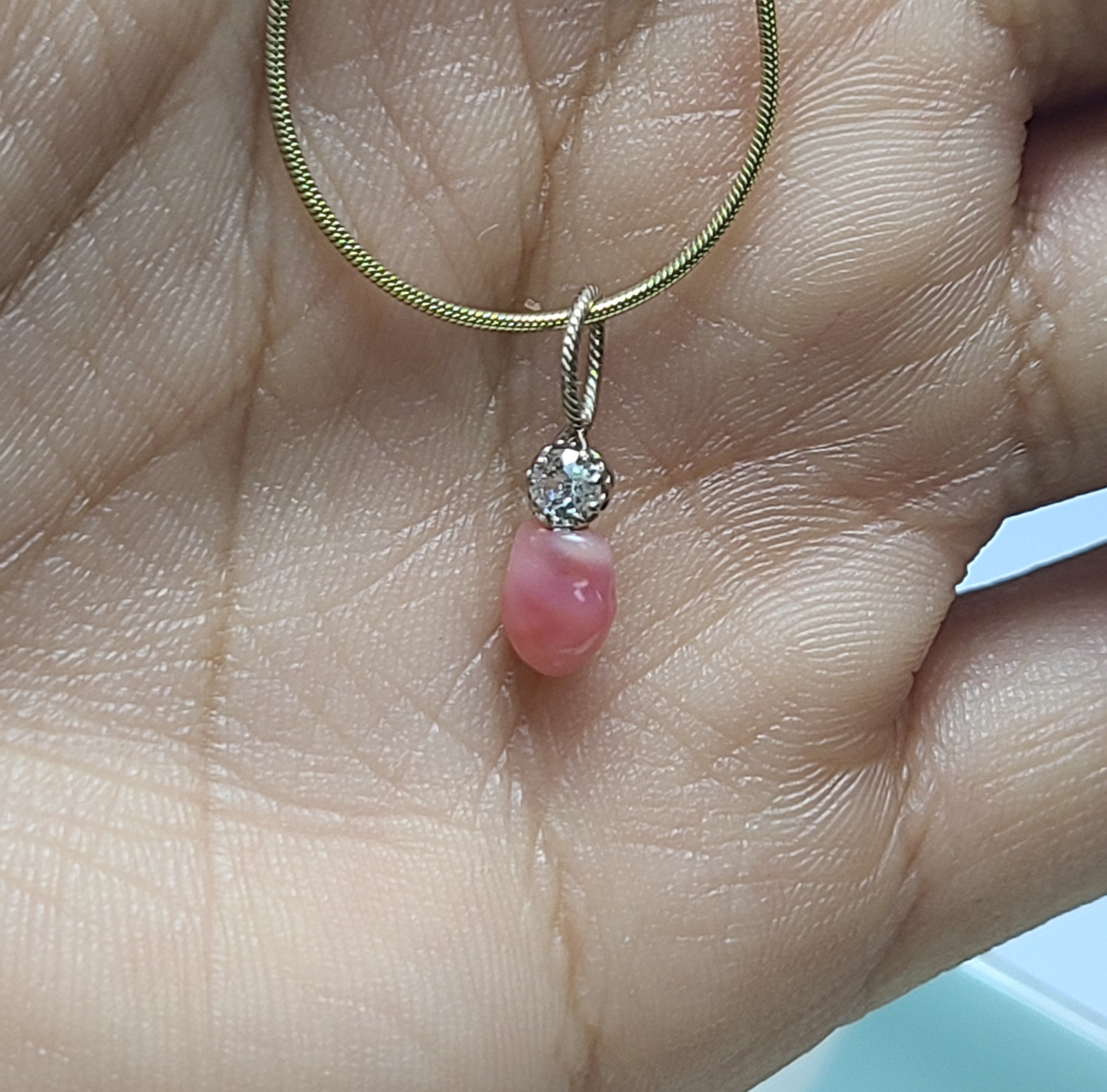 14K White Gold Pink Natural Conch Pearl with Old Mine Cut Diamond Pendant Charm