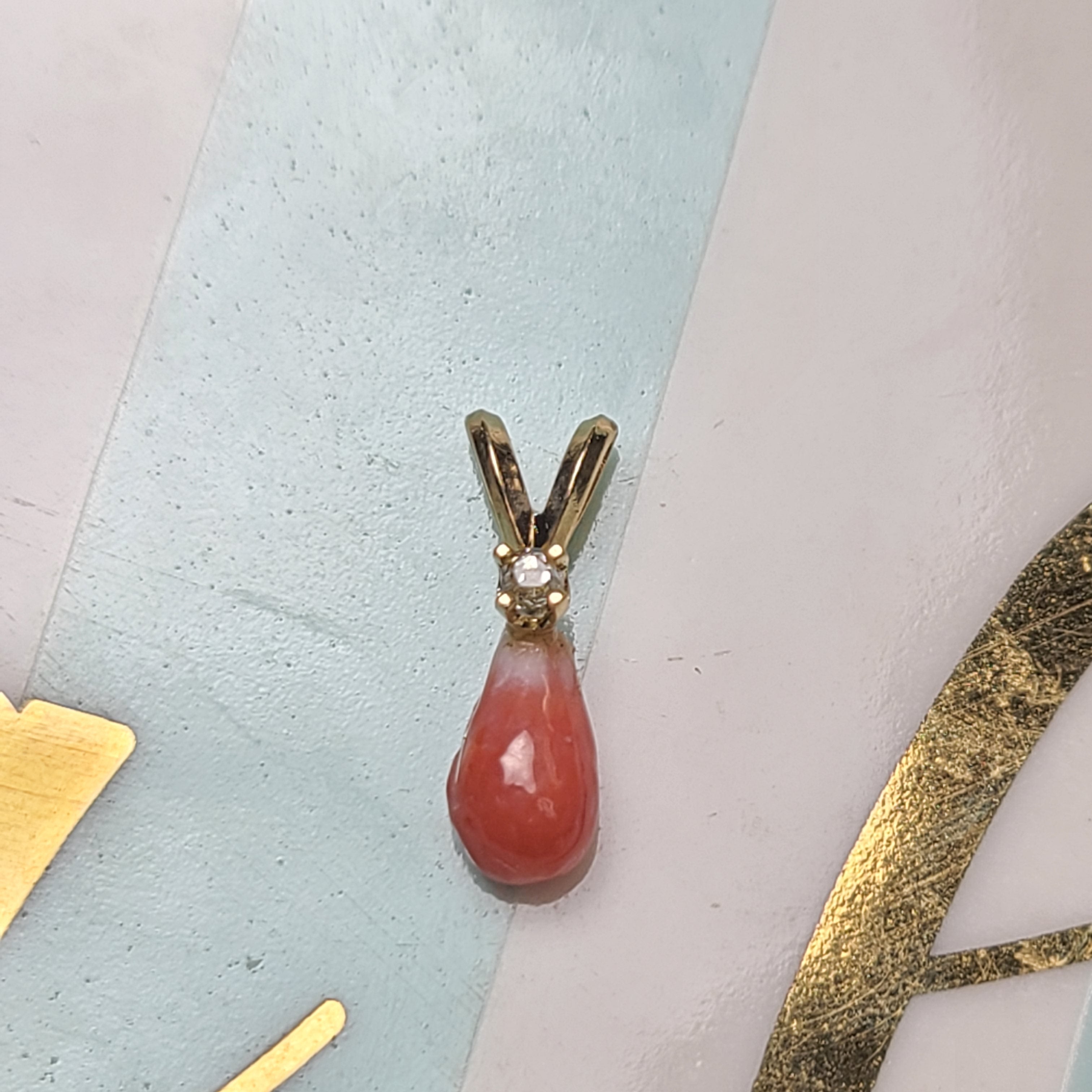 14K Yellow Gold Pinkish Orange Natural Conch Pearl with Old Mine Cut Diamond Pendant Charm