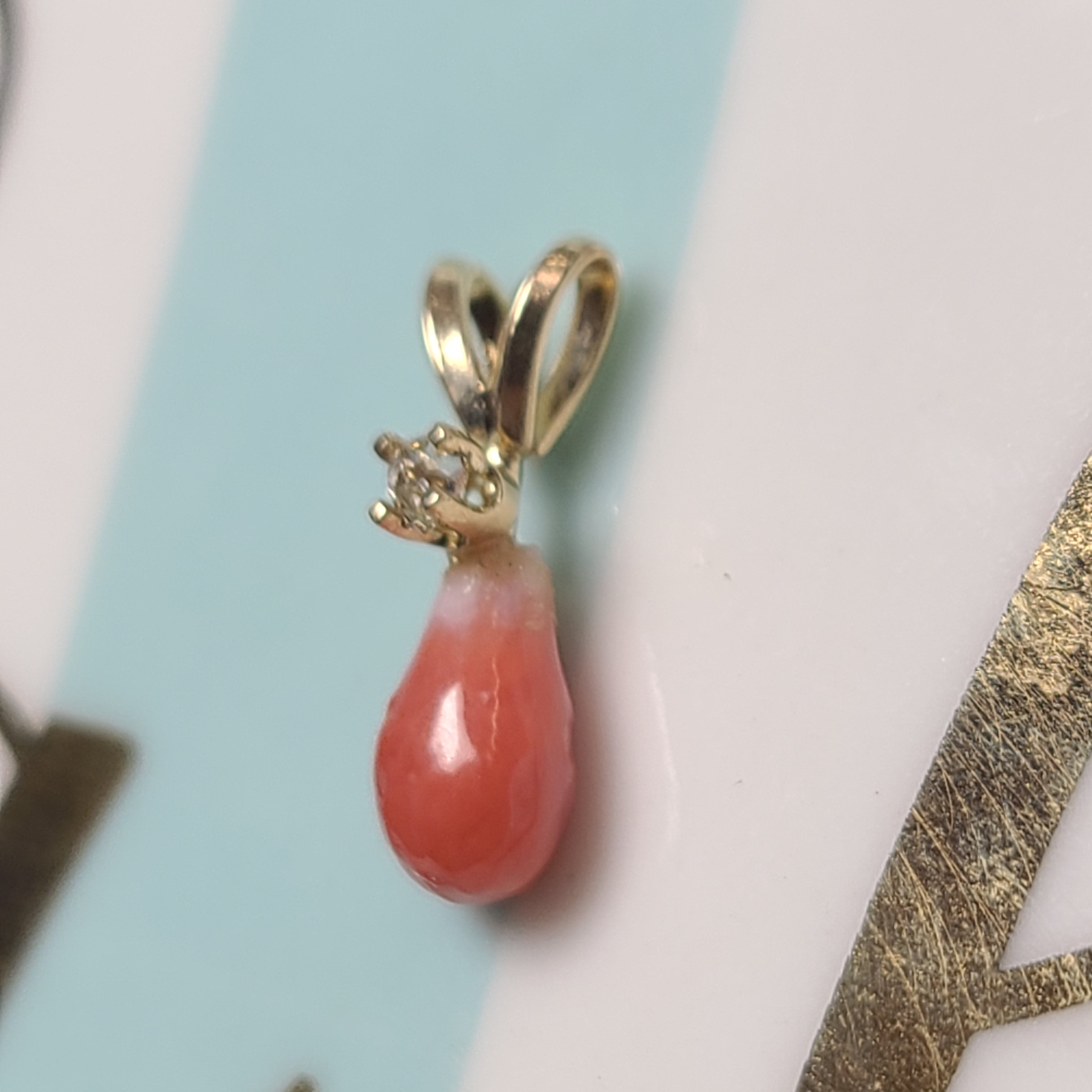14K Yellow Gold Pinkish Orange Natural Conch Pearl with Old Mine Cut Diamond Pendant Charm