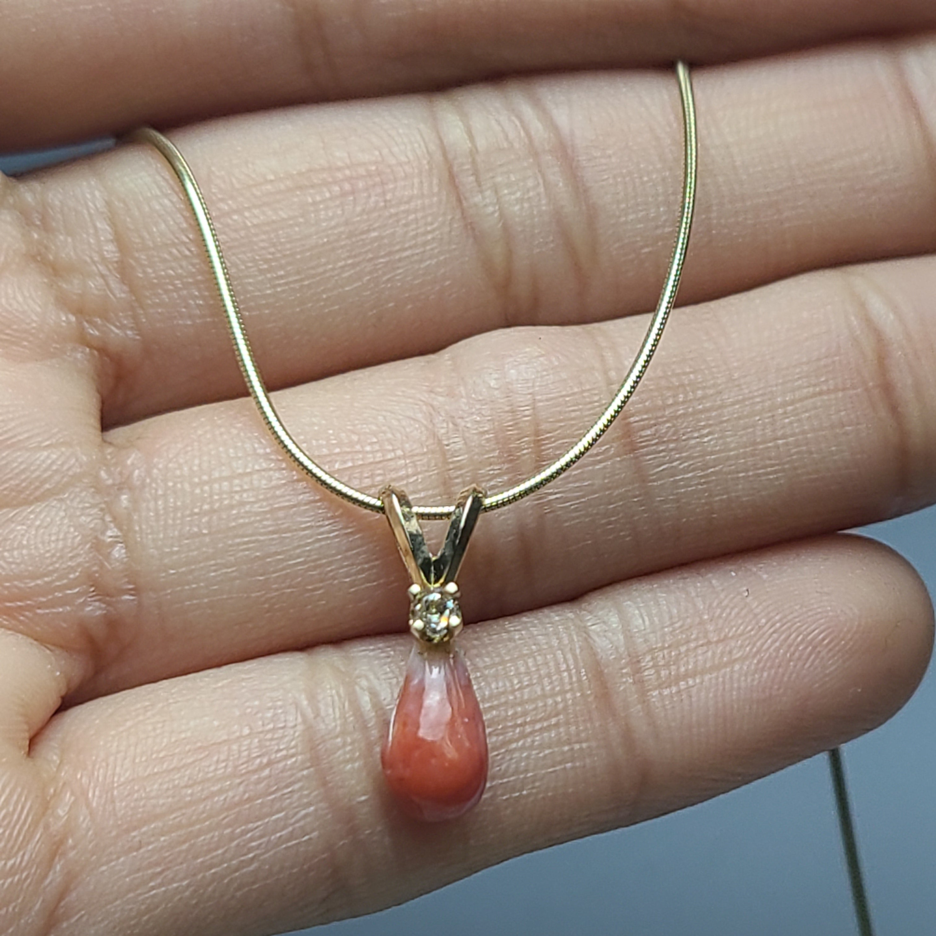 14K Yellow Gold Pinkish Orange Natural Conch Pearl with Old Mine Cut Diamond Pendant Charm
