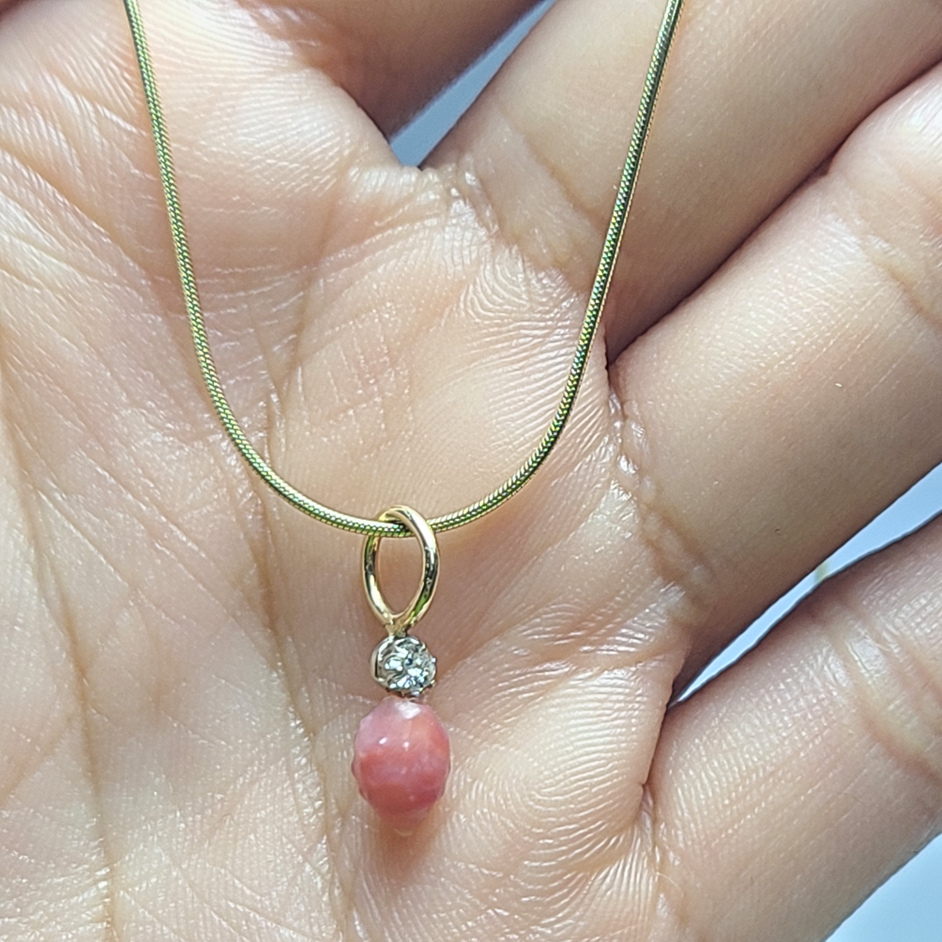 14K Yellow Gold Pink Conch Pearl with Old Mine Cute Diamond Pendant Charm