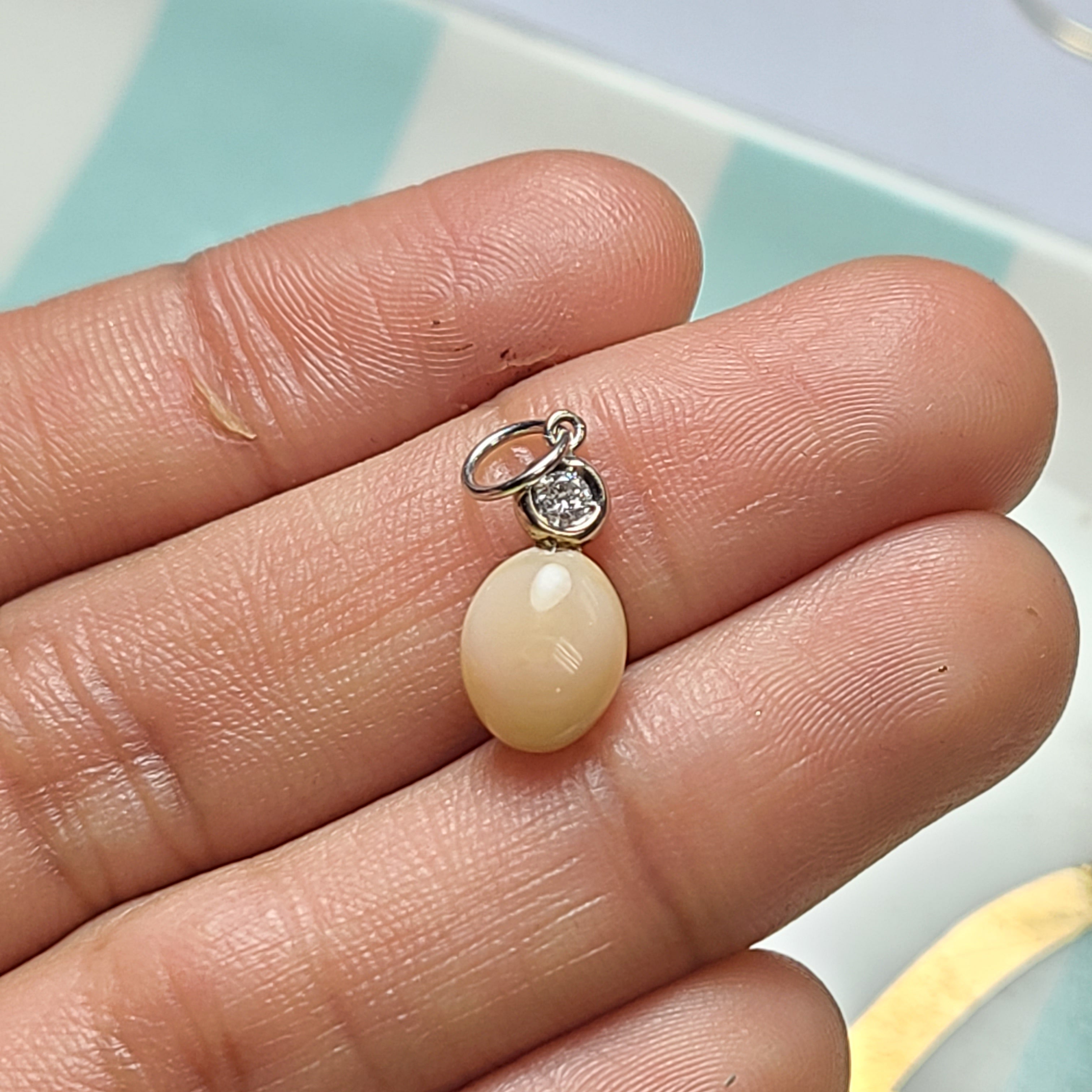 14K White Gold Creamy Light Brown Natural Conch Pearl with Old Mine Cut Diamond Pendant Charm
