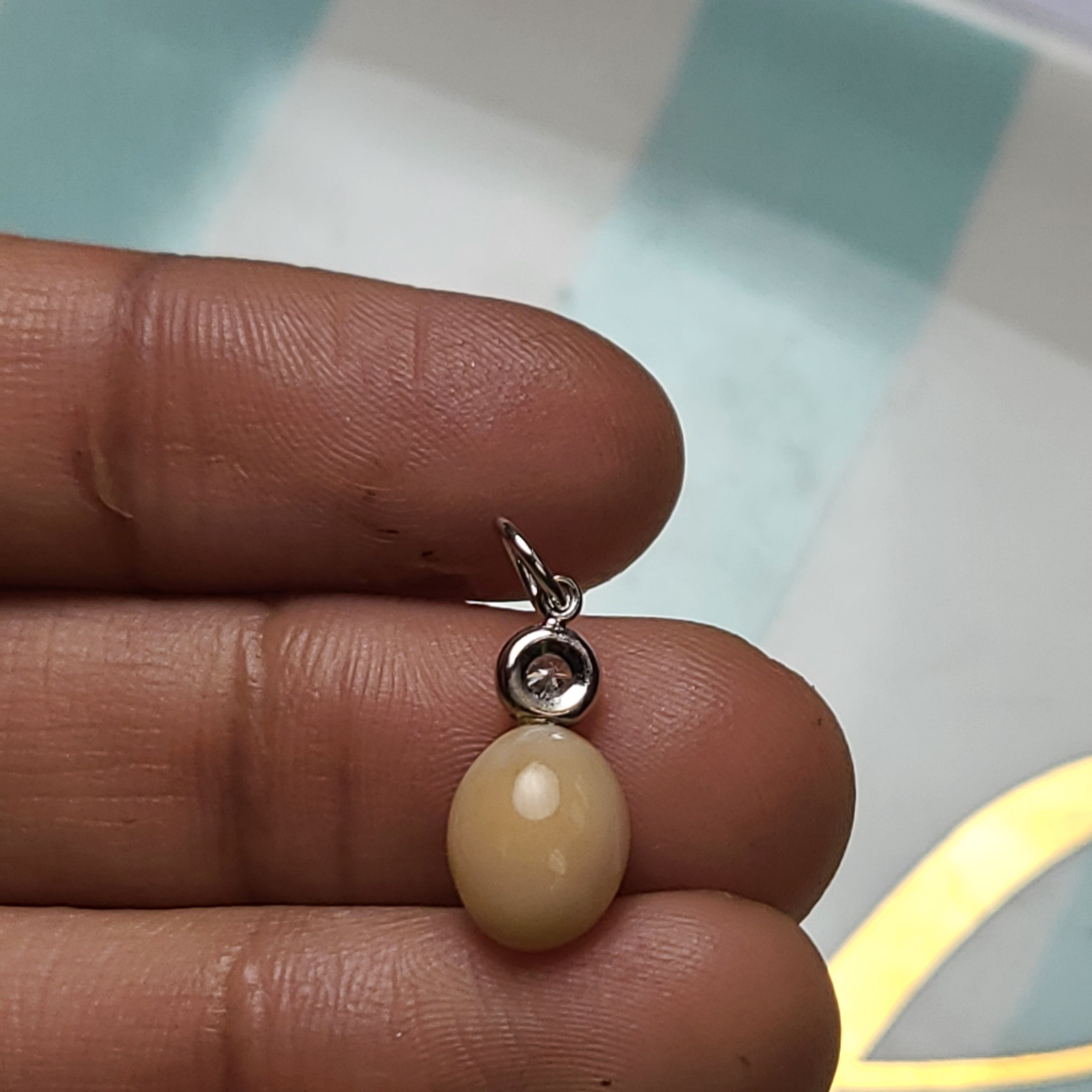 14K White Gold Creamy Light Brown Natural Conch Pearl with Old Mine Cut Diamond Pendant Charm