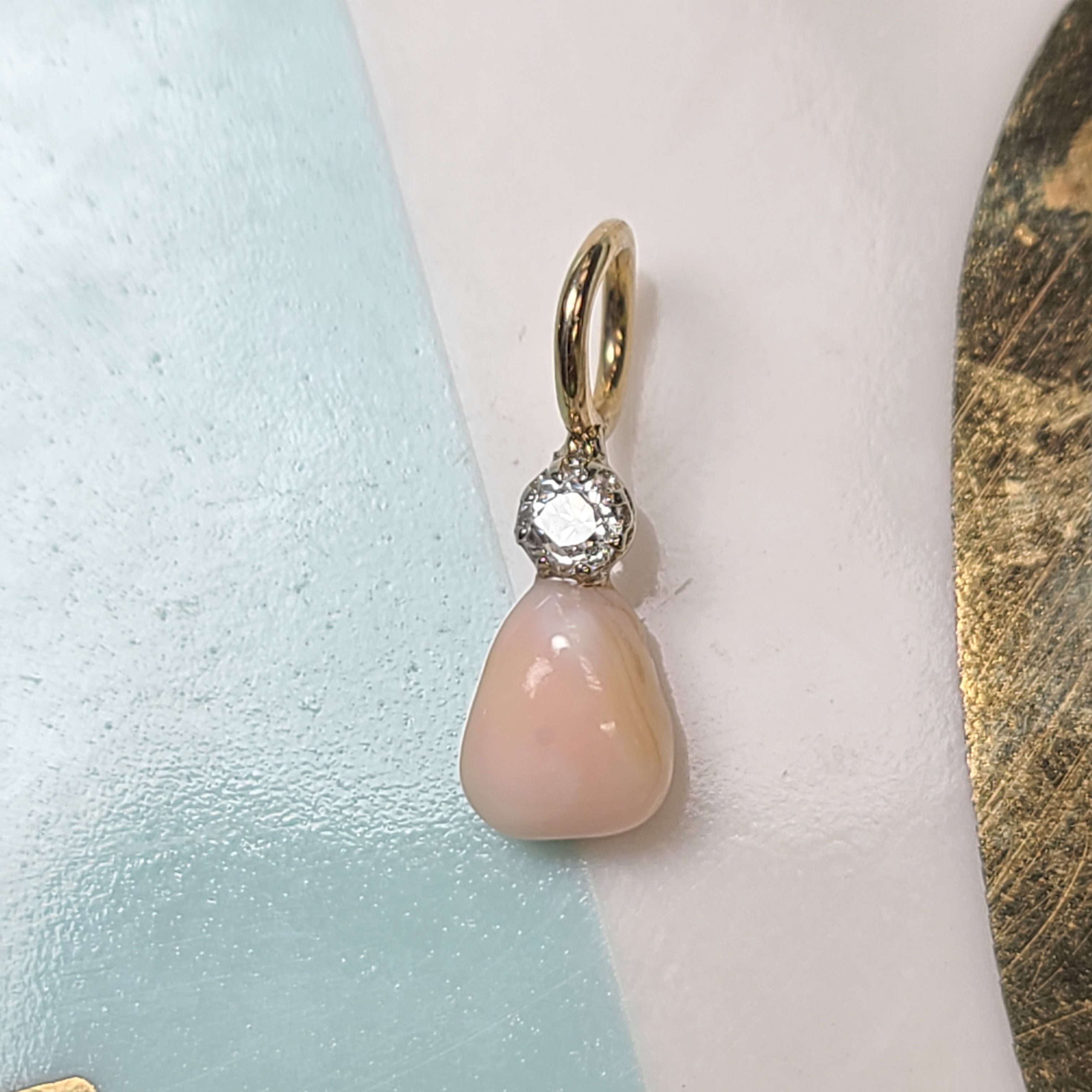 14K Yellow Gold Conch Pearl With Old Mine Cut Diamond Pendant Charm