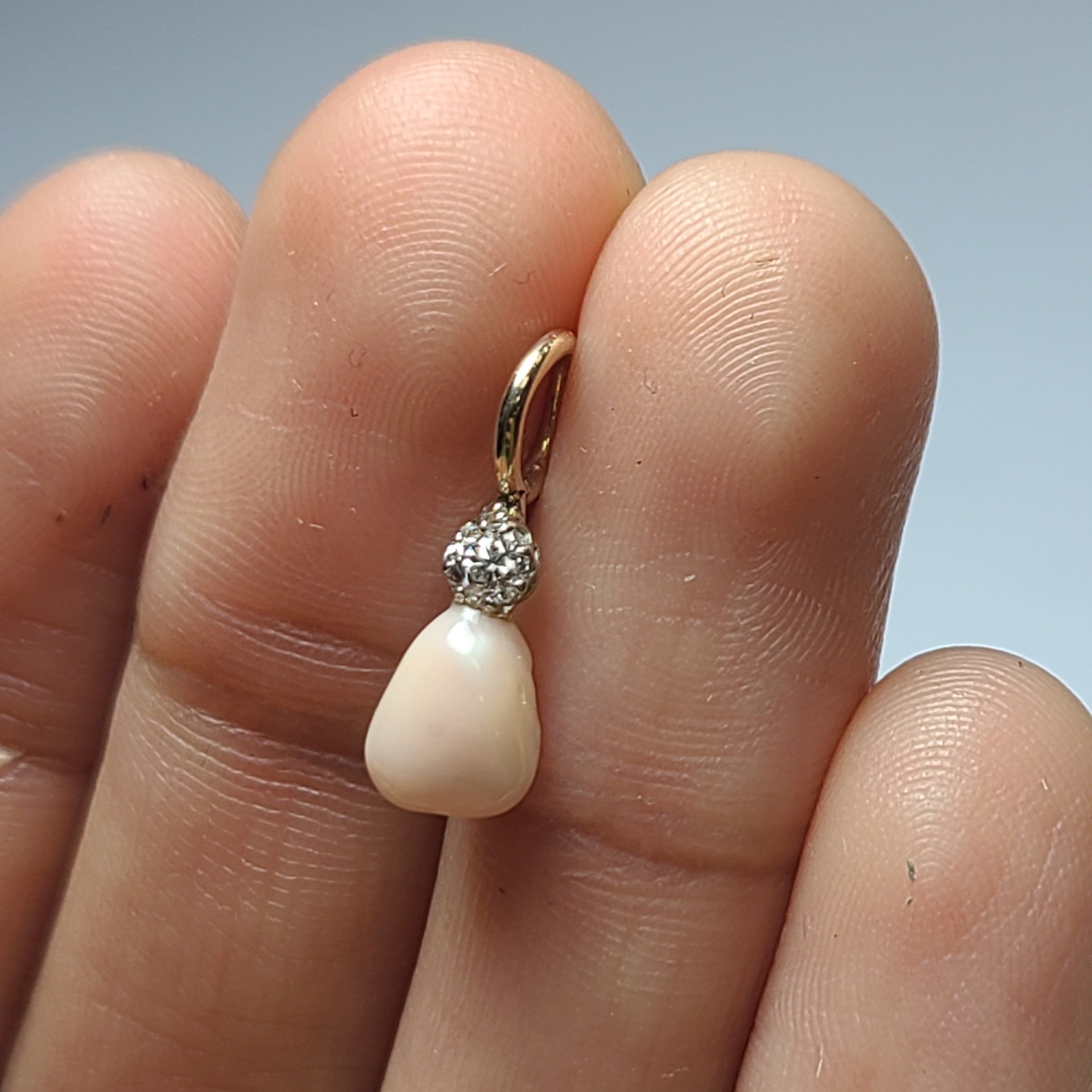 14K Yellow Gold Conch Pearl With Old Mine Cut Diamond Pendant Charm