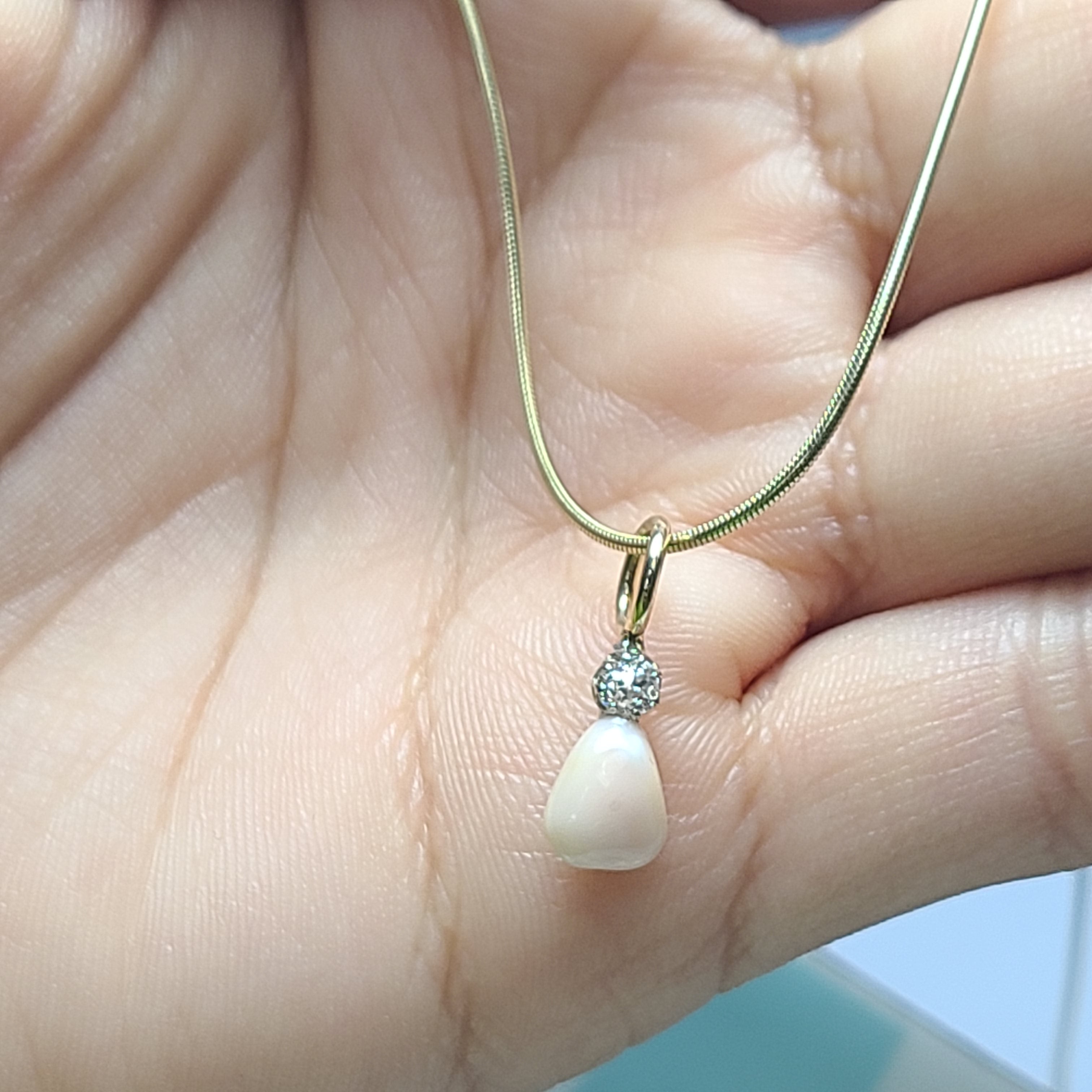14K Yellow Gold Conch Pearl With Old Mine Cut Diamond Pendant Charm